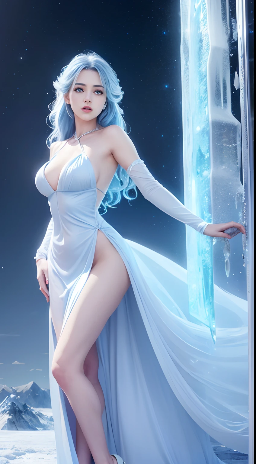 Beautiful female ice mage,ice mountain, (full bodyesbian),(standing on two feet),gossamer dress,The expression is cold,low angle shot, Sky blue and gray curls,digital fantasy art,cinmatic lighting,real photograph,SLR camera(Very detailed, reasonable design, Clear lines, High sharpness,Best quality, Masterpiece, 4K )