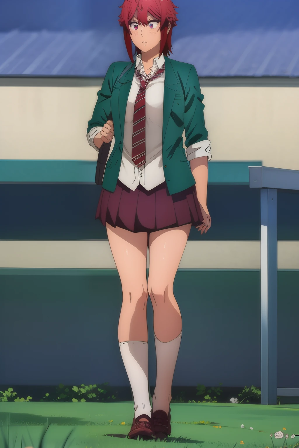 ((best quality)), ((highly detailed)), masterpiece, (detailed eyes, deep eyes), (1girl), full body, <lora:ochakoUrarakaLora_v10:1>, uraraka ochako, short hair, brown hair, brown eyes, blush stickers, u.a. school uniform, school uniform, pantyhose, <lora:SuoiresnuStyle:.9>, (plain lighting)