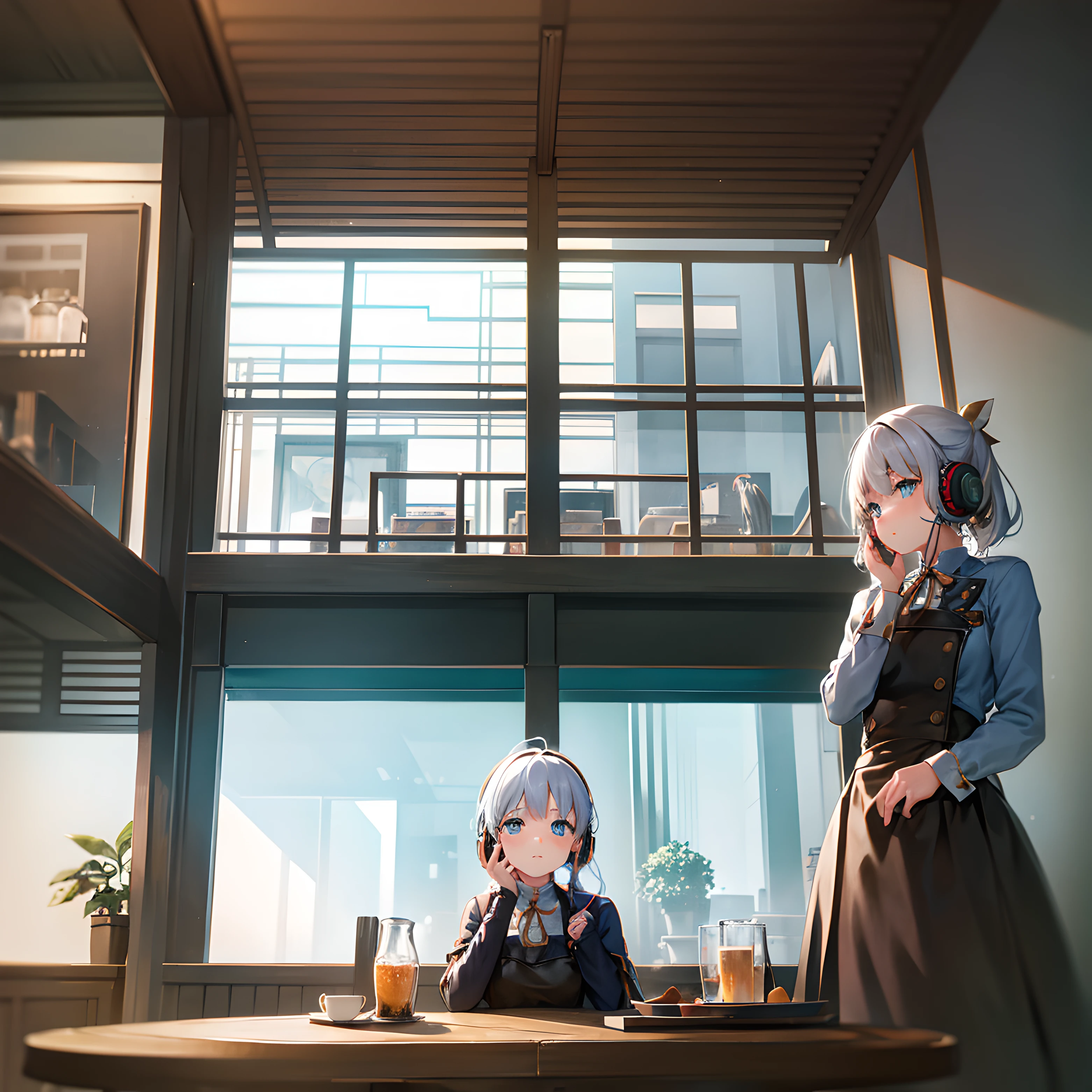 1girll,Cafe,By the window,kawa,Hold your chin with your hand,Headsets,pondering,frontage,Look forward,High resolution 4K