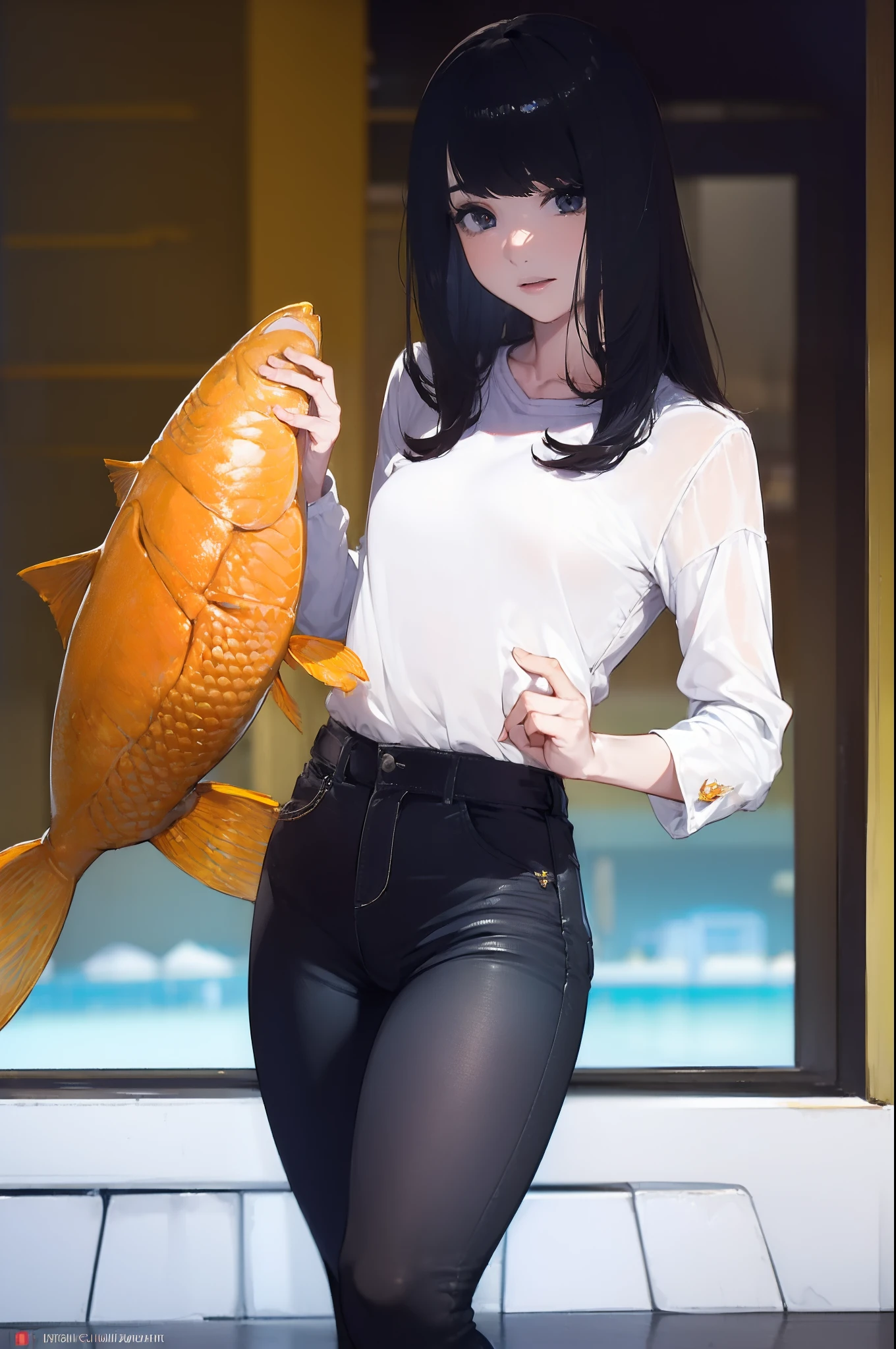 ((((Catching a big fish by the lake:1.5)))),((Female 28 years old)),((Best Quality:1.5)),(((Hands with the correct number and structure of fingers:1.4))),((Big fish:1.37)),hight resolution,ultra-detailliert,masterpiece,best qualtiy,(Eight-headed body),Black hair, long eyes-lashes, Solid Circle Eyes, drop shadow, Atmospheric perspective,Super Detail, ccurate, small brest,(Black jacket and black jeans :1.1),top-quality, blurry backround, bokeh dof:1.2, (masterpiece:1.3), Atmospheric perspective,Super Detail,dynamic compositions,