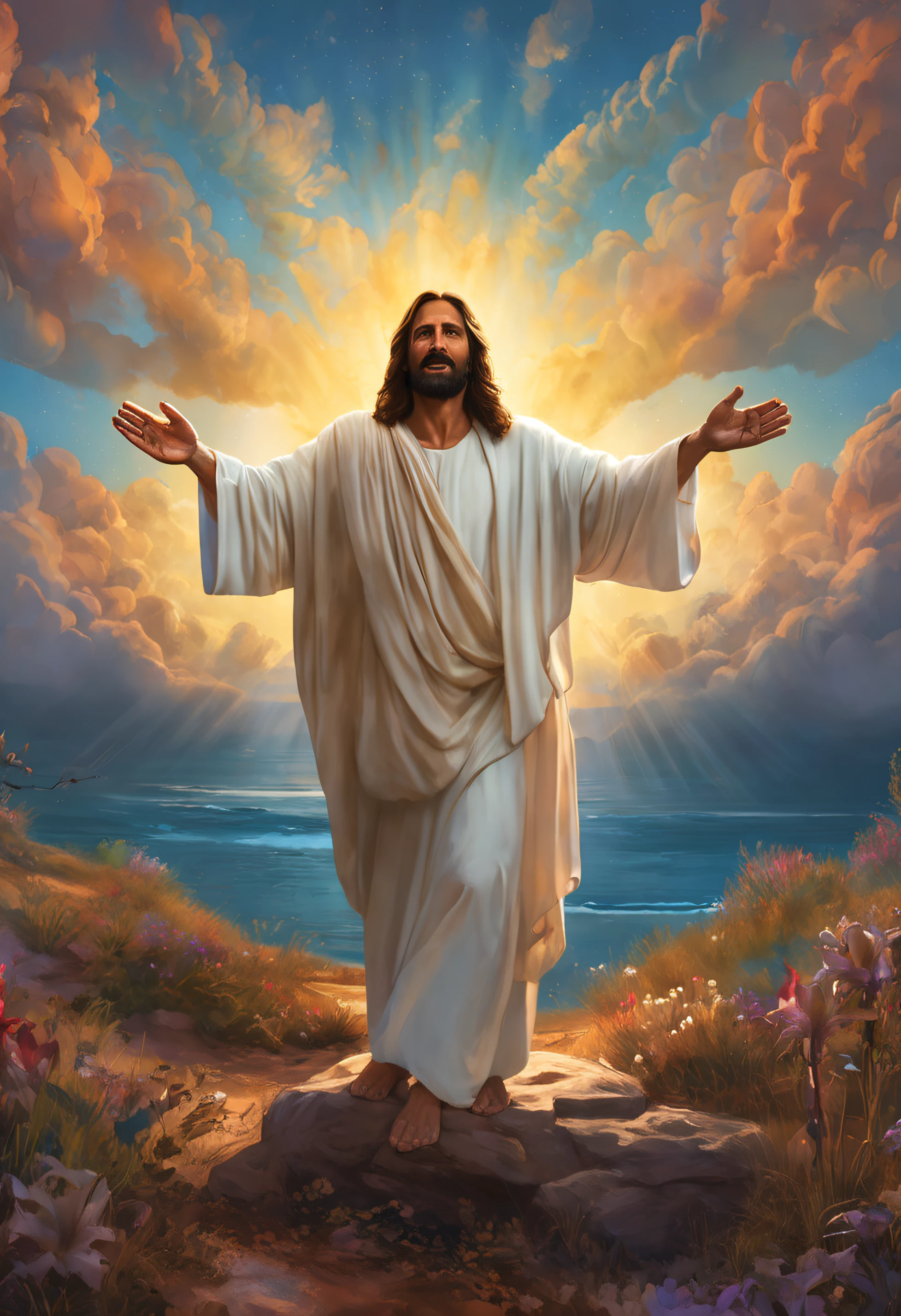 "Imagine yourself on the shores of the Sea of Galilee, em um dia ensolarado. You are surrounded by a crowd of people thirsting for wisdom and hope. Ahead of you, Jesus Cristo, with his bright white tunic, He raises his hands and begins to preach with a warm and powerful voice. His serene expression and eyes full of compassion captivate everyone. Create a realistic picture of this unique moment, capturing the intensity of emotions on people's faces, the vibrant atmosphere and divine aura that surrounds Jesus as he shares his words of love and transformation.”