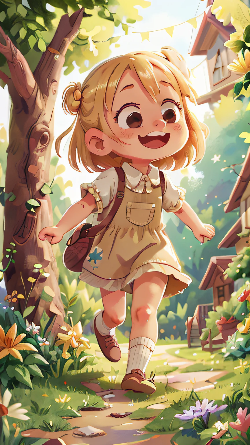 Watercolour. Blonde girl, smiling, very cheerful, running through the garden, wearing gardener and white blouse, front view, full body, the background is a beautiful and cozy house in the countryside, garden with flowers, sunny, perfect quality, (mess-house: 0.8), (masterpiece: 1.2) (Realistic: 1.2) (Bokeh) (Best quality) (Detailed Skin: 1.3) (Intricate Details) (8K) (Detail Eyes) (Sharp Focus), (Unhappy)