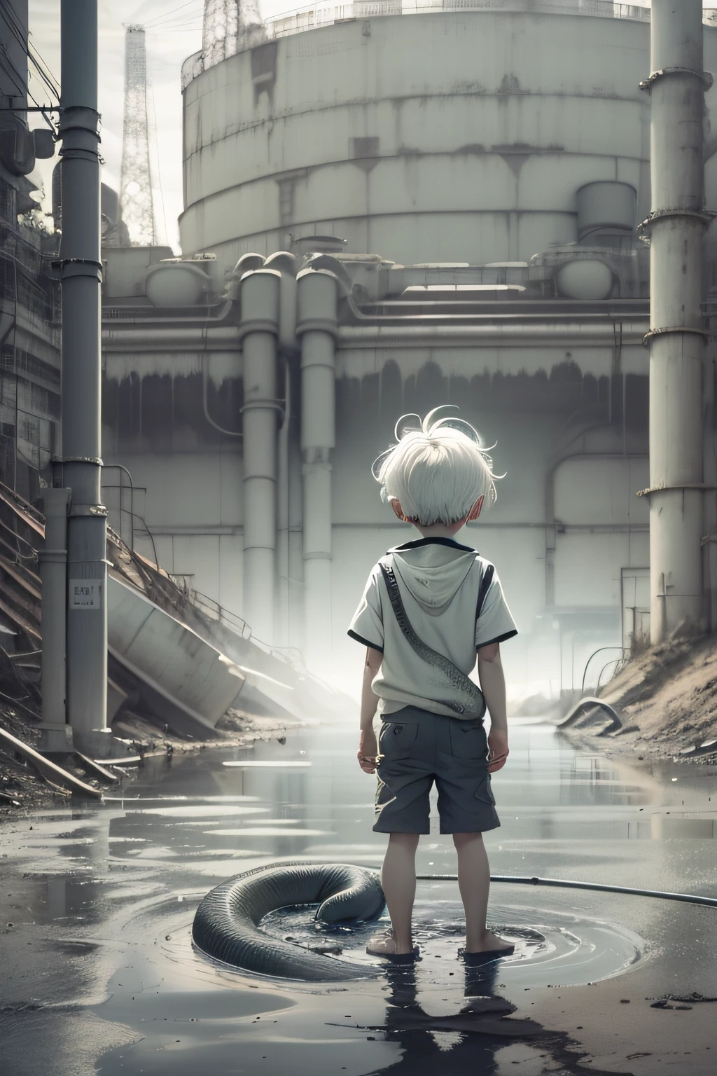 Nuclear wastewater, sewer, Drained to the sea, There was a in front of the sewers, nuclear power plant, white hair, short hair, cross-eyed, snake pupils, embarrassed, anime style, multiple monochrome, vignetting, feet out of frame, wide shot, Wide-Angle, masterpiece, high details, highres