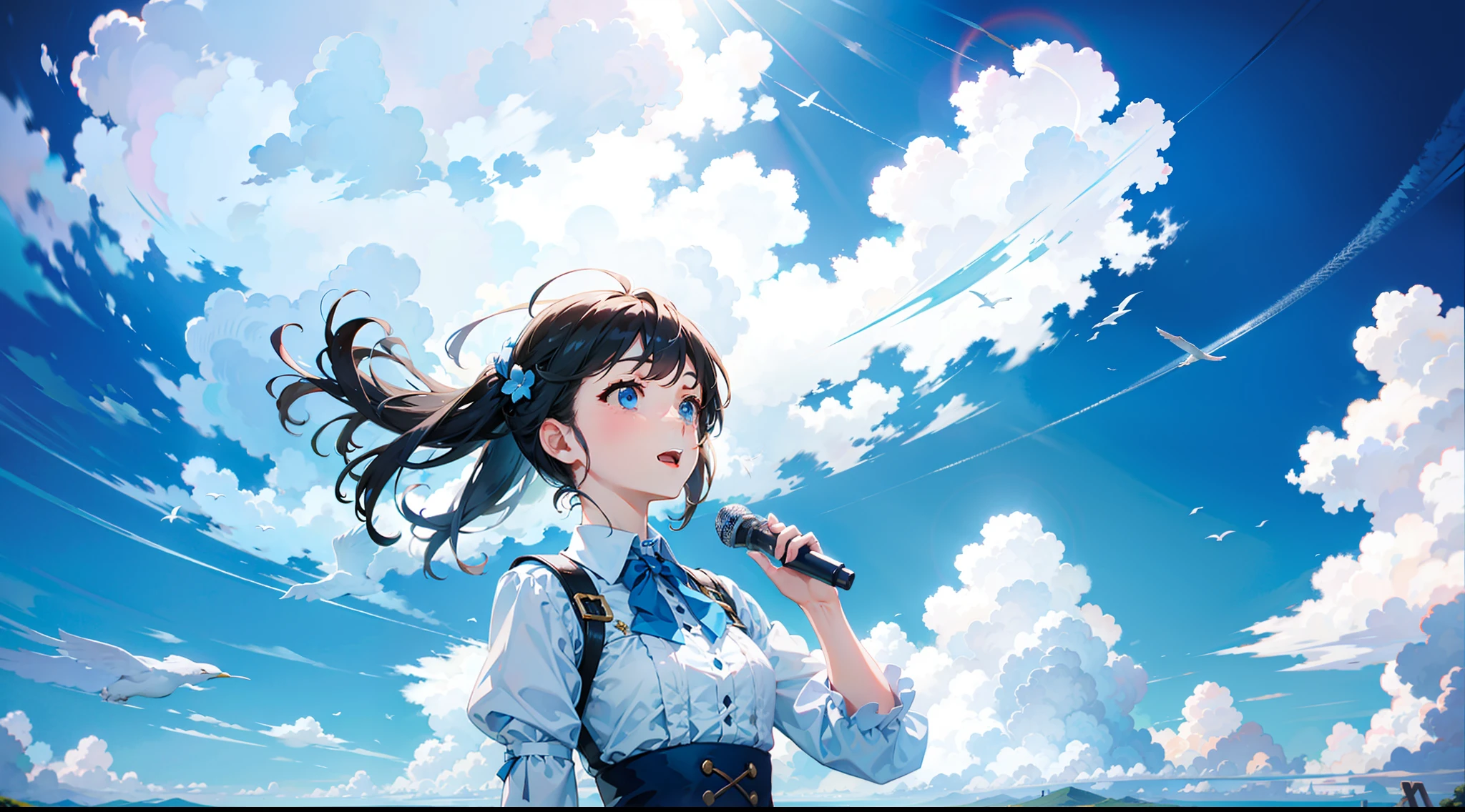 Under the blue sky and white clouds,The girl sings alone