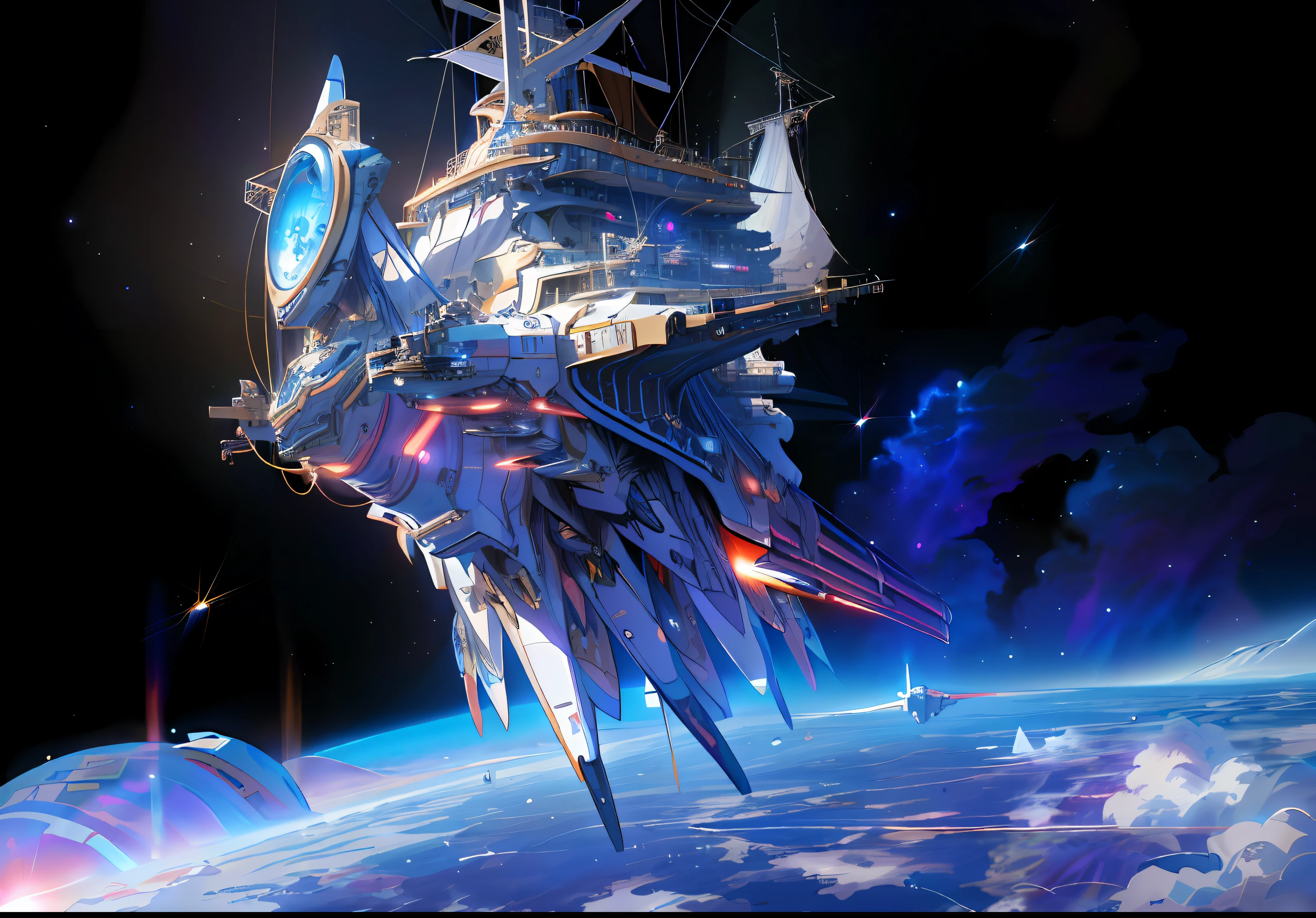 Anime-style artwork of a man on a giant ship in space, Glamorous spaceship painting, Pirate ship in space, Dreambot Mothership, Bone Space Library Artwork, Kingdom Hearts World, Alien spaceship flying in space, spaceships, Miyamoto Abduzeed, Spaceship graffiti, angus mckie, Utopia spacecraft, high detailed official artwork