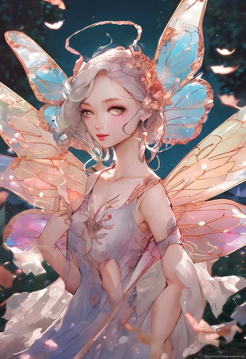 Flower fairy, Transparent colorful wings, Magic wand，China-style，8K，Light mature style，The eyes are melancholy，anatomy correct，Tears in the eyes，Feminine background