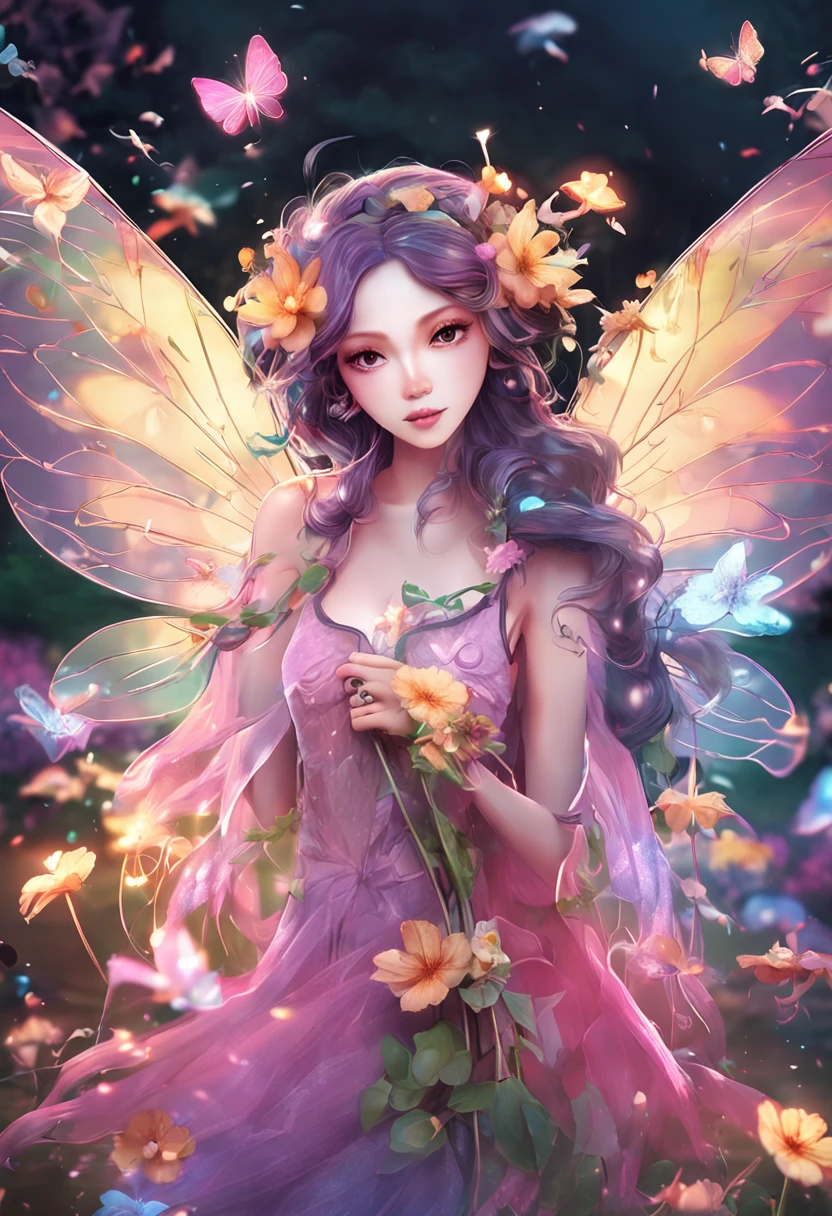 Flower fairy, Transparent colorful wings, Magic wand，China-style，8K，Light mature style，The eyes are melancholy，anatomy correct，Tears in the eyes，Feminine background
