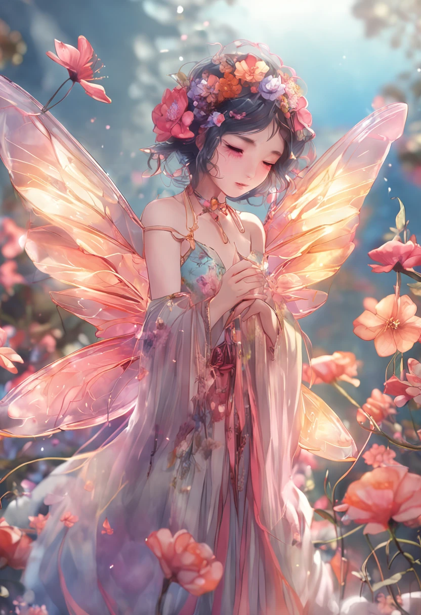 Flower fairy, Transparent colorful wings, Magic wand,China-style,8K,Light mature style,The eyes are melancholy,anatomy correct,Tears in the eyes,Feminine background