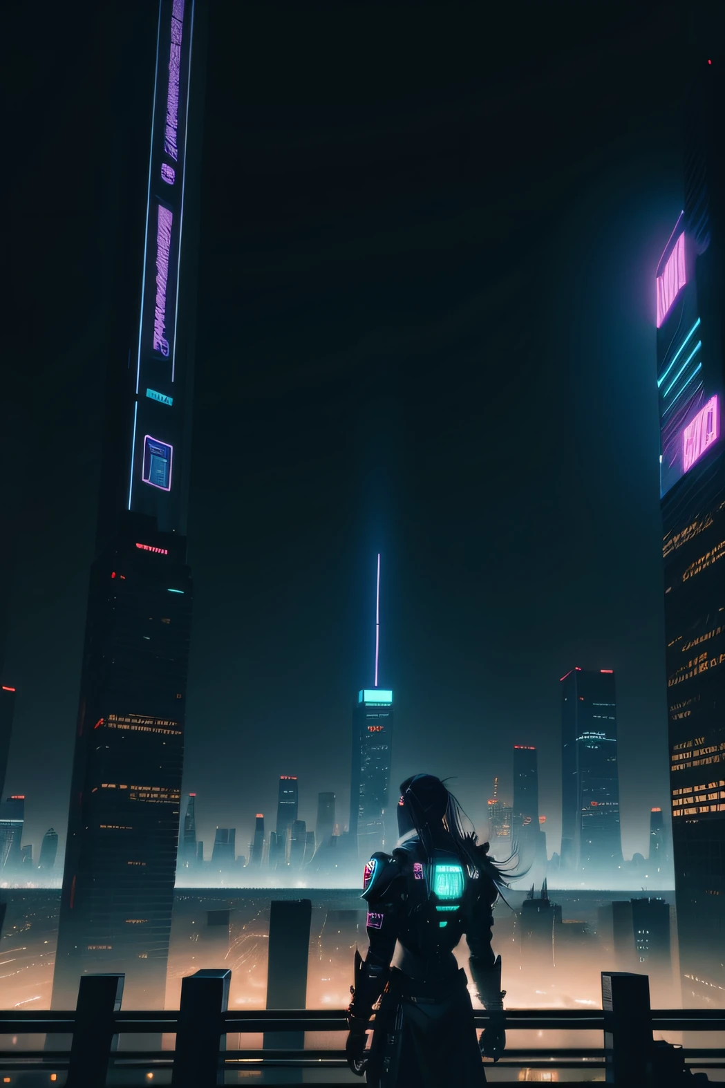 cyberpunk city crowd lights up standing on the rooftop