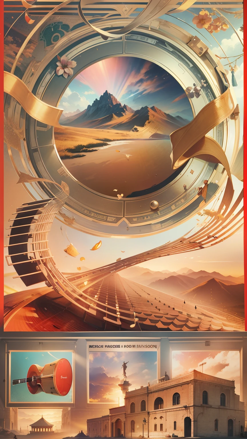 Music record covers,Various musical elements are scattered throughout the picture,Ribbons fly,guitar,microphones, Musical notation, speakers, blossoms,Gold material,The musical symbols are clearly textured,The distant mountains cascade,Festive atmosphere, Red atmosphere, Sea of clouds, Clean atmospheric background, Clean image,There are various small musical elements on the front, , Clear texture of various elements, The texture is clear, Movie poster style, Cinematic lighting, Divine light, hyper HD, retinas, Masterpiece, Superb detail, High quality, Award-Awarded, best high quality, High definition, Level high resolution, 8K