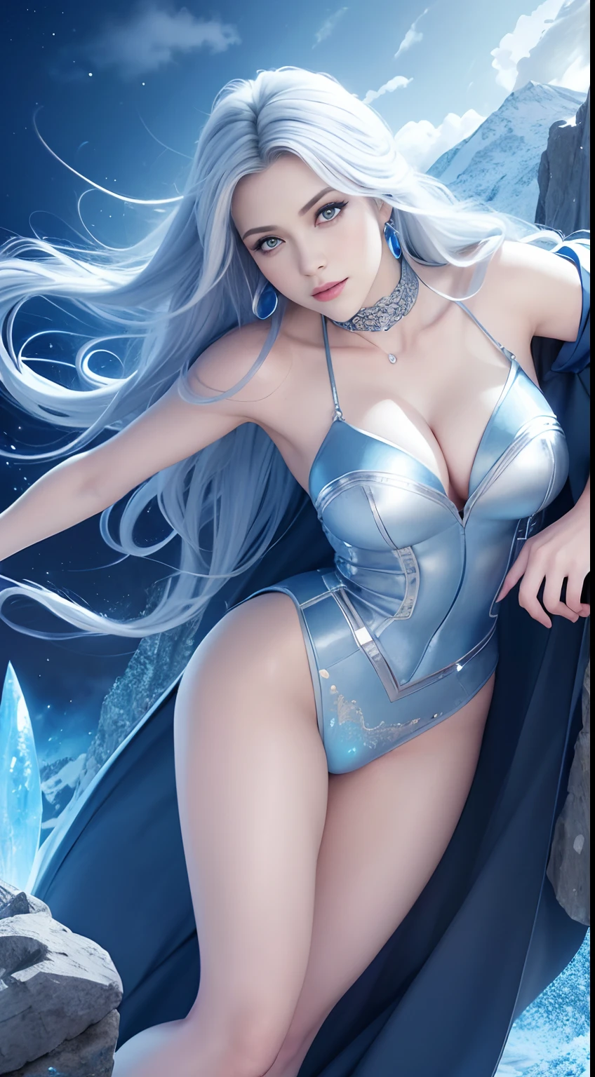 Beautiful female ice mage,ice mountain, (full bodyesbian),standing on two feet,low angle shot, Sky blue and gray curls,digital fantasy art,cinmatic lighting,real photograph,SLR camera(Very detailed, reasonable design, Clear lines, High sharpness,Best quality, Masterpiece, 4K )