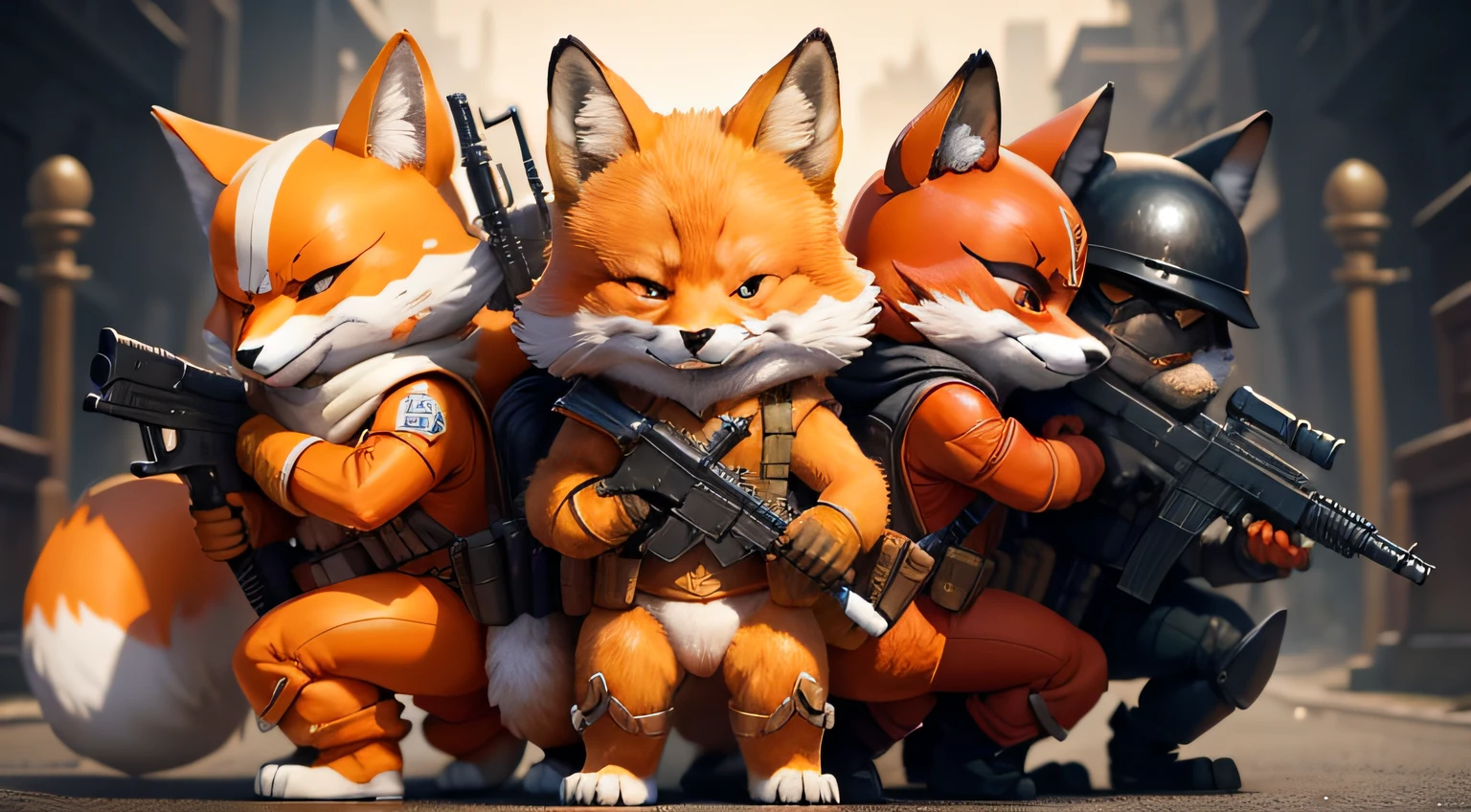 Orange armed fox and white armed fox and brown armed fox、Many henchmen　soldiers　chum