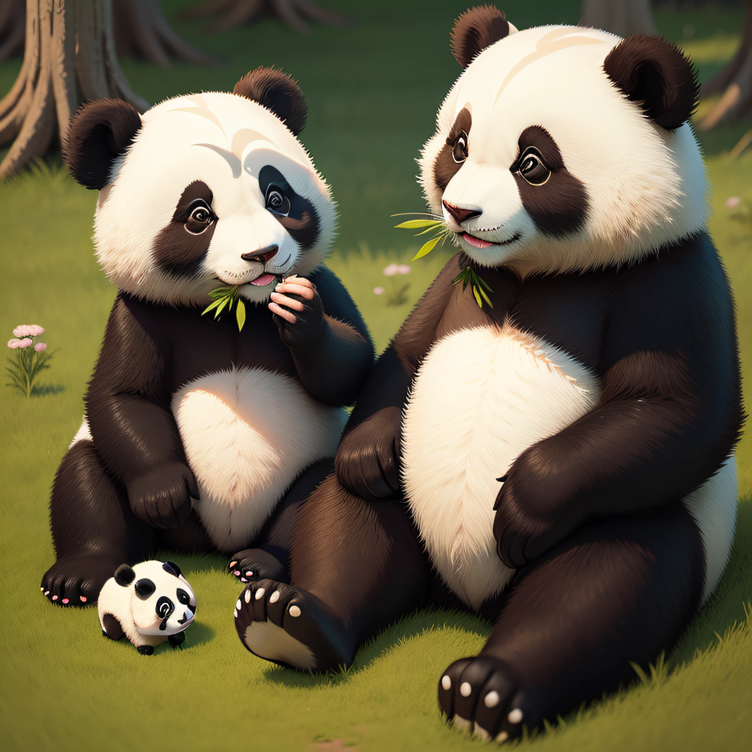 Panda sitting on the grass eating, , Cute panda, pandas, China-style,