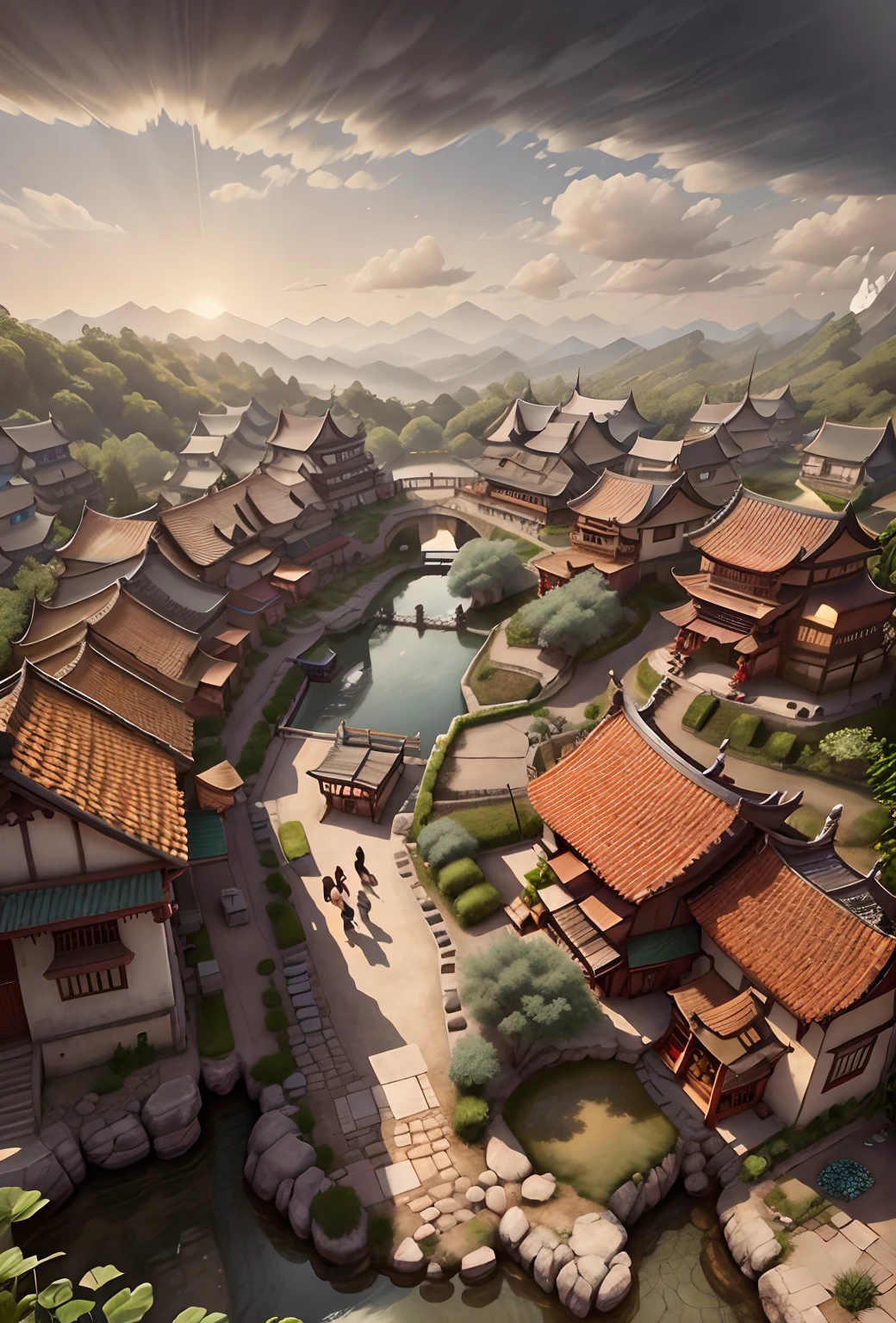 there is a small town with a pool in the middle of it, dreamy chinese town, villages ， unreal engine, chinese village, beautiful render of tang dynasty, old asian village, realistic photo of a town, realistic fantasy render, rendered in corona, quaint village, rendered in unreal engine 5, by Ni Yuanlu, 3d rendered matte painting, there was a 22-year-old brunette of Germany walking slowly,curly hair, solo 5.0