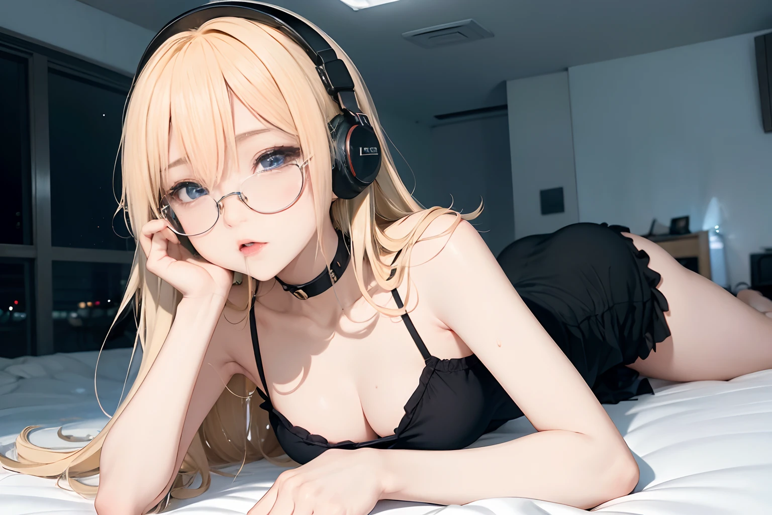 top-quality、masterpiece、Photo Real、8K、4K、Ultimate Resolution、超A high resolution、Looking at Viewer, Off lighting、turning off lights、Pitch black room、Middle-aged men and women、blue lights、deep in the night, {{{Dark}}}, The lighting is a pale smartphone light, Girl with headphones and glasses, Looking at Viewer, {{{{Sweat}}}}, Gal lying face down on bed, Medium、Cream yellow hair, Forehead、eye line、{{{{Pick up your phone}}}}、Frustrated face、Crying face、Face enduring pain、agony、Guy riding a girl、Back, SEX, prone bone, {{{Lower grade}}}, prone bone, Biting, Drooling、Saliva