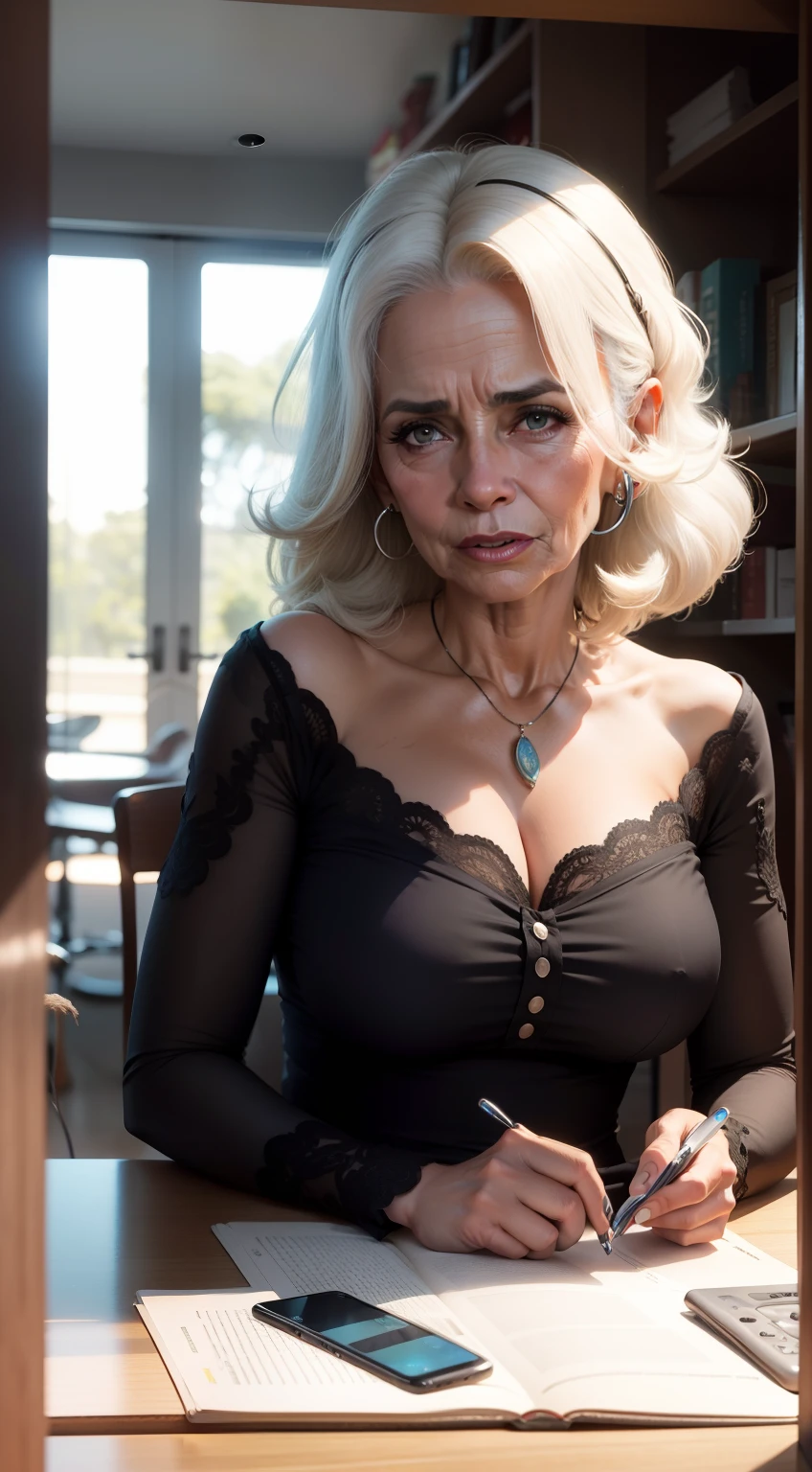mulher de 60 anos, cabelos grisalhos falando ao telefone