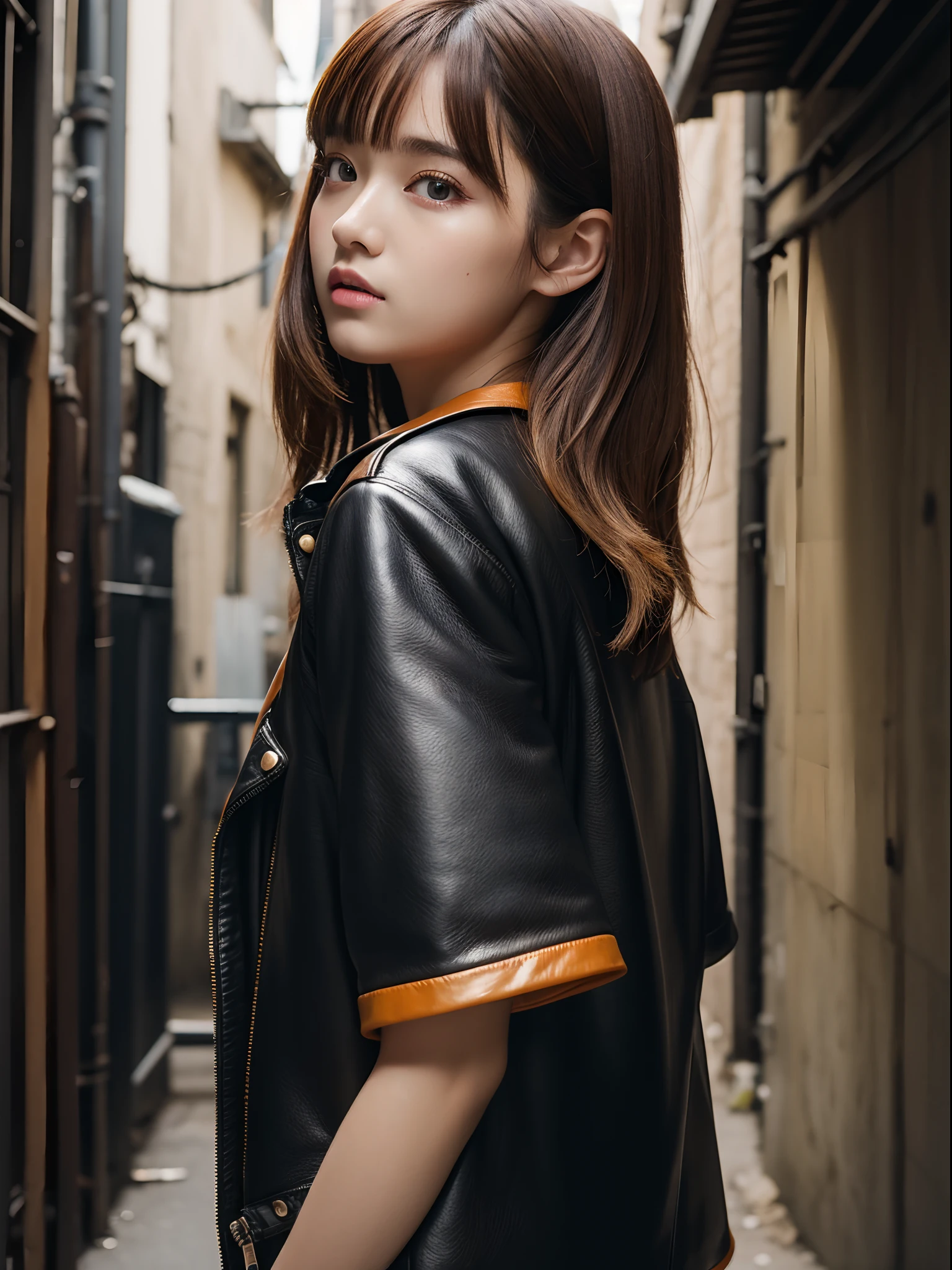 the Extremely Detailed CG Unity 8K Wallpapers、top-quality、ultra-detailliert、​masterpiece、studio shoot、Full body portrait、Orange and black leather jacket、realisitic、Photo Real、extremely detailed cute girl、独奏、、side glance, Melancholy look, Slums、Back alley background, Avant-garde hair, Asymmetrical hair, Black and gold multi-colored hair,