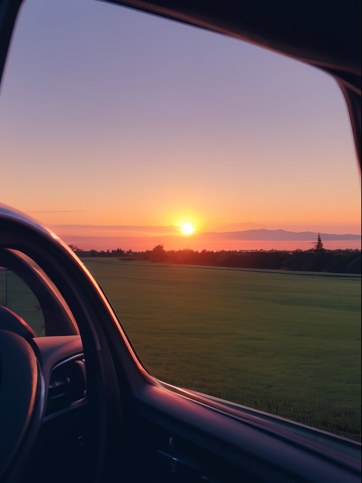 the setting sun,evening light,view from long distance,realisticlying,plethora of colors,Gorgeous and colorful,Shoot at night,positive,country style,hdr shot,Inside the car,Look inside the car,Sunset directly ahead,Faraway view,Blurred foreground,Ultra-clear details,Ultra photo realsisim,telephoto lenses