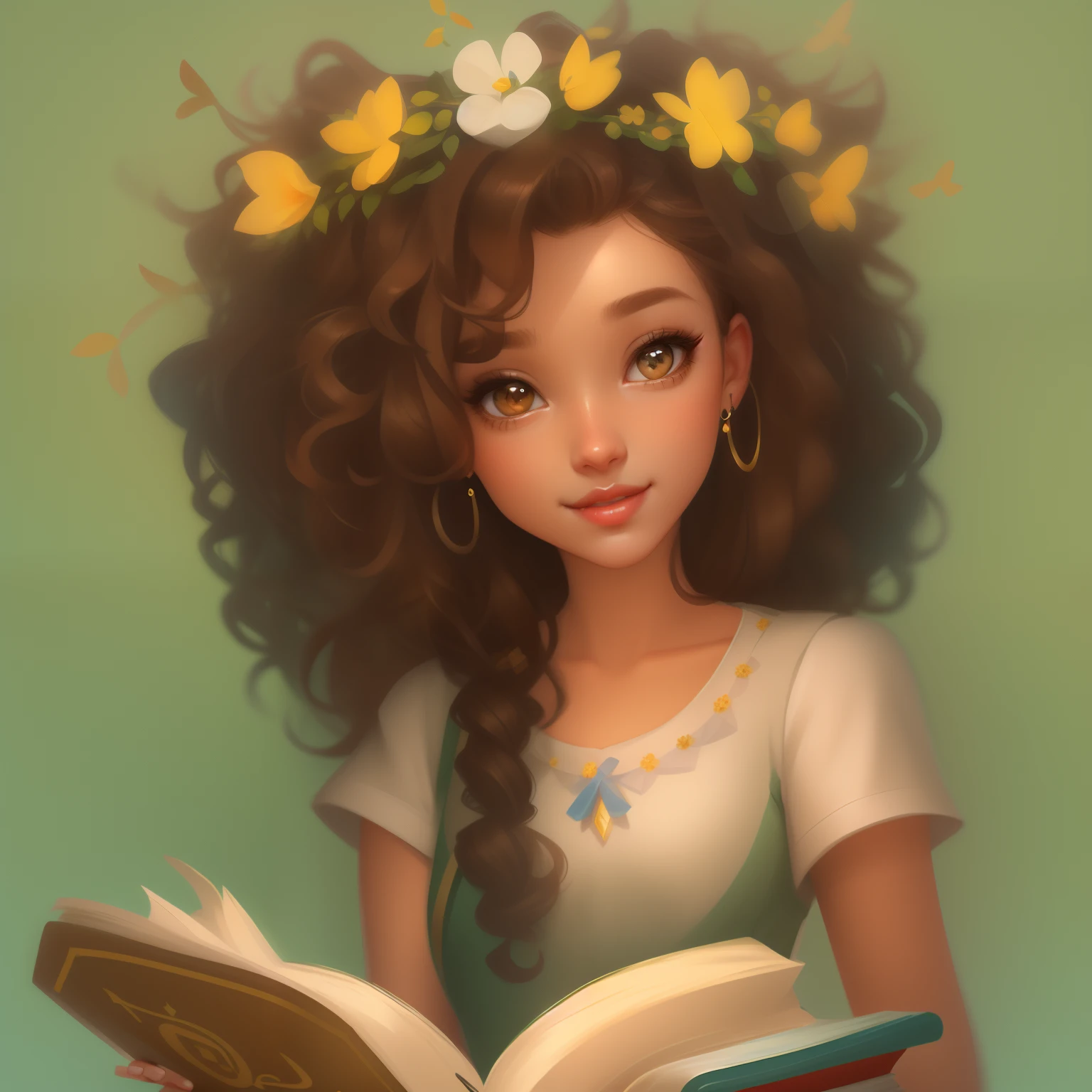 pixar style, beautiful woman with brown hair, brown light skin tone, long curly, with holy bible in her hand , A simple, minimalistic art with mild colors, using Boho style,  happy face, holy bible, fairytale, floral crown, realistic and detailed hair, not plasticized ,disney movie m close up of a character from cartoon, cute detailed digital art, digital painting, girl portrait, 8k high quality detailed art, loish and wlop, Guweiz style art, cartoon digital painting art, cute digital art, painting detailed digital,