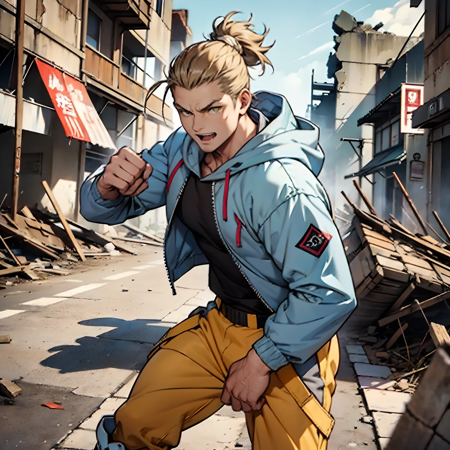 Muscular man, strong physique, gray hooded windbreaker, long light blue pants, white boots, spiky brown hair, spiky topknot, short hair, light yellow colored eyes, outgoing appearance, white bands in his hands, excited look, ancient kingdom, fighting in ruins, man in his 30s.