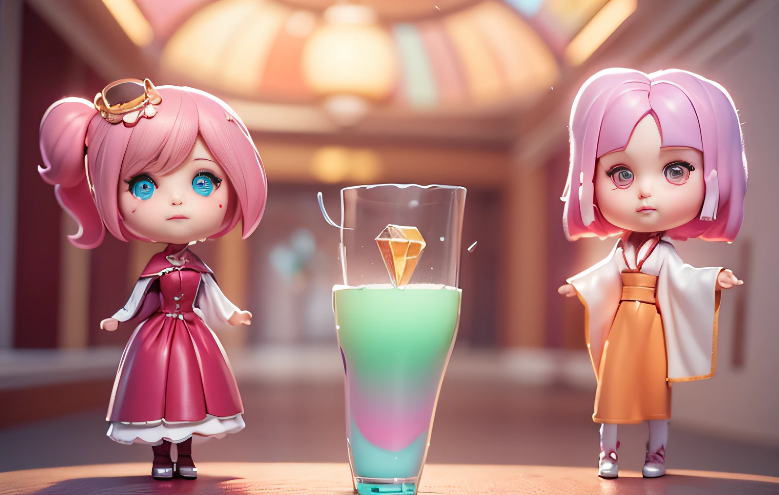 masterpiece, best quality, masterpiece,best quality,official art,extremely detailed CG unity 8k wallpaper, Realistic style, super fine,incredibly detailed, hyperrealistic, pastel colours,Beautiful clothes, fuchsia hair, beautiful big eyes, delicate face, a beautiful big diamond with a variety of colors on the exquisite booth, covered with transparent glass, dream background, magnificent hall,   octane render，