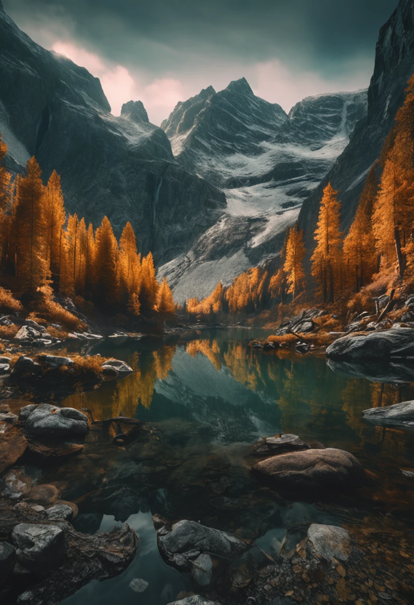 (Dark magic:1.2), (Grim:1.1) forest, springtime，A man stands in the Alps, (Intricate details), A mirror-like lake，(ultra - detailed), 8k hdr, high detal, A lot of detail, High quality,Tyndall effect， (Colored:1.3)