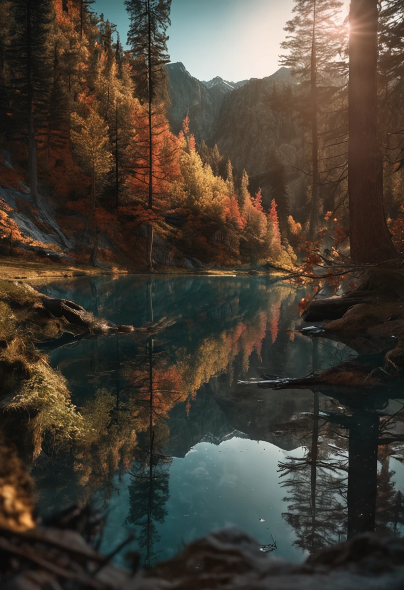 (Dark magic:1.2), (Grim:1.1) forest, springtime，A man stands in the Alps, (Intricate details), A mirror-like lake，(ultra - detailed), 8k hdr, high detal, A lot of detail, High quality,Tyndall effect， (Colored:1.3)