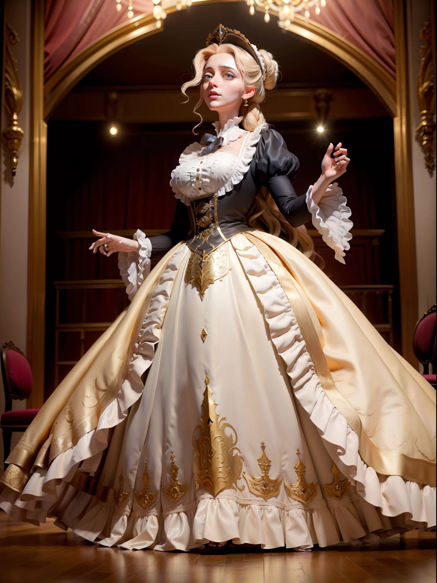The play The Marriage of Figaro is on stage, {on stage (1 actress in full growth in the image of Countess Almaviva), (1 actor in full growth in the image of Figaro), (1 actor in full growth in the image of Count Almaviva)}, (((in full length::))), high :: detail ::, romanticism style, rococo :: style, baroque :: style
