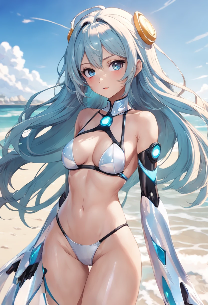"Genera una imagen de una waifu de anime con un giro futurista y una dosis de sensualidad, enjoying a sunny day at the beach. Its body is a perfect blend of aerodynamic lines and seductive curves, encapsulating the aesthetics of an advanced world in technology and design. Her face combines avant-garde features with a classic beauty, creating a unique and attractive appearance.
Mientras se encuentra en la playa, Your swimsuit blends seamlessly with the futuristic and relaxed surroundings. Los ojos de esta waifu brillan con una luz futurista, Reflecting the innovation and mystery of tomorrow. Su cabello, with holographic color flashes, fluye en patrones elegantes y audaces, creando un contraste llamativo con su piel impecable.
His beachwear combines futuristic materials with avant-garde lines that enhance his figure, while evoking an aura of intrigue and seduction. Con actitud segura y confiada, This waifu embodies the vision of the future where technology and beauty are provocatively intertwined.. Her futuristic style and magnetic sensuality make her an unforgettable icon in the world of anime., A figure that captivates the eye and imagination in the midst of the serene beauty of the beach."