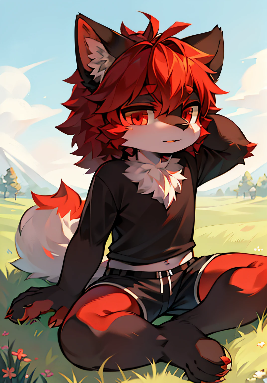 shaggy male,Humanoid,grassy fields,ventania,Full Body Furry,Big red eyes,Red, White, Black fur,canid,Bend your legs,full-shot,grey shorts,Cubs,Humanity,cute face