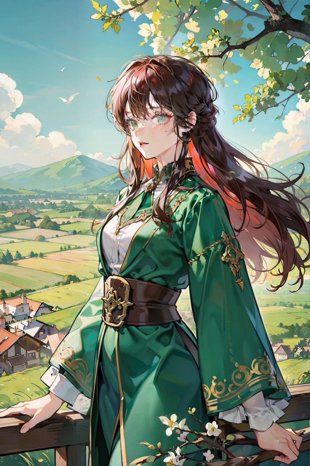 auburn hair,Slim woman, Decorated with flowing emerald silk robes, Stand on top of a meadow hill,The view is majestic.