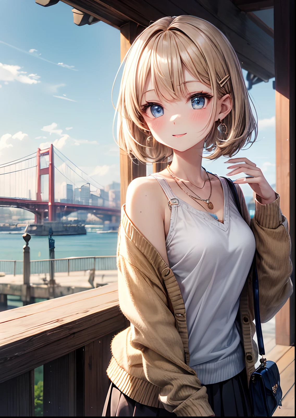 absurderes, (独奏:1.5,)ultra-detailliert,bright colour, extremely beautiful detailed anime face and eyes, view straight on, ;D, shiny_skin,25 years old, Short hair, , asymmetrical bangs, Blonde hair with short twin tails, Shiny hair, Delicate beautiful face, red blush、(Blue eyes), White skin, hair clips, earrings, a necklace, Cardigan, Clothes, Brown clothes,skirt by the、