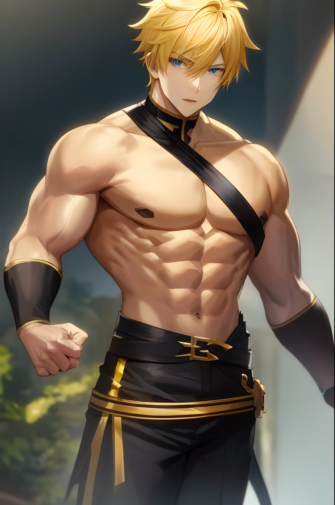 1boy,muscular,yellow hair,,sunshine,best quality,masterprice,blue eyes,anime handsome male,male anime character.large pectorals