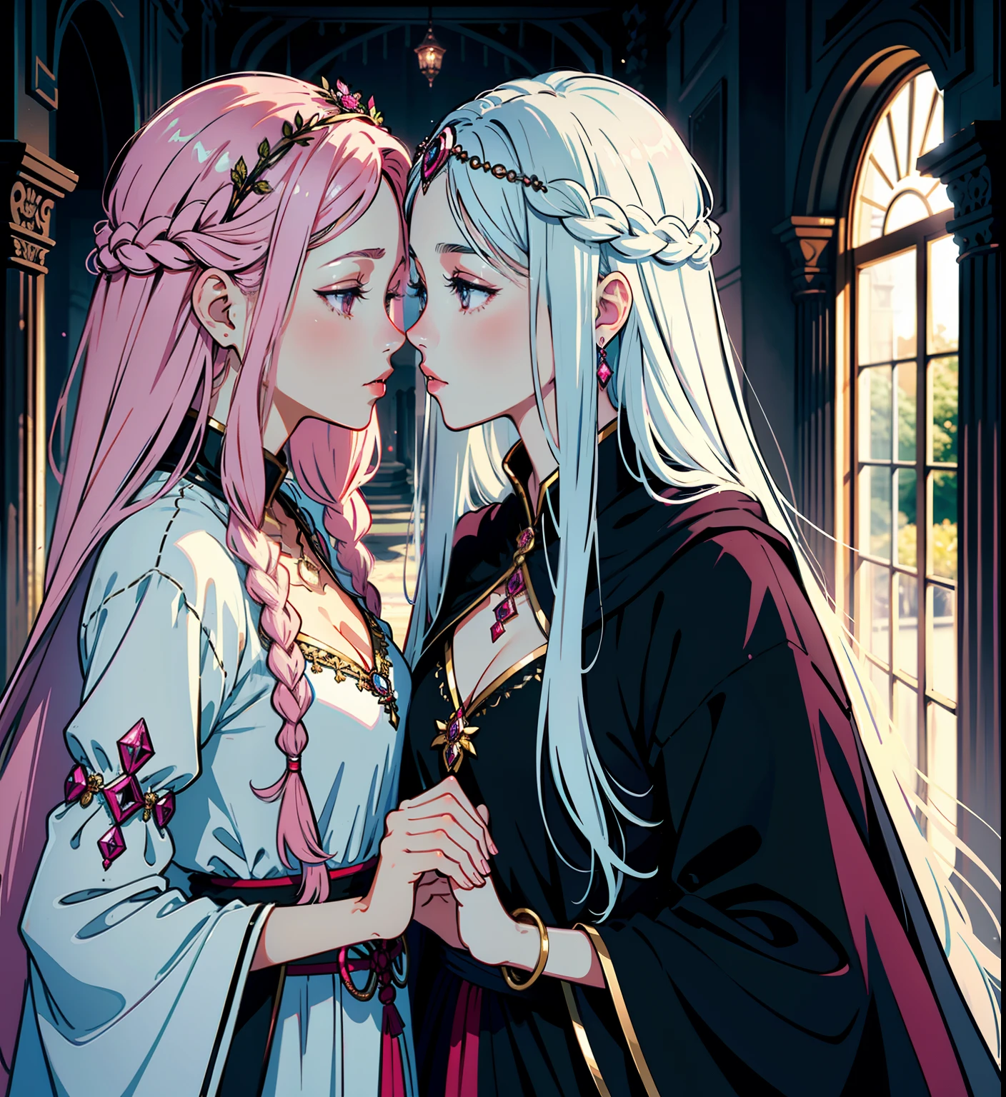 adesivo, fundo simples, portrait, 2 girls, couple, kissing, girl with long hair, beautiful goddess girl, goddess aesthetic, beautiful girl, very beautiful fantasy art, beautiful and elegant female goddess, beautiful detailed fantasy, white and pink color palate, black color-theme