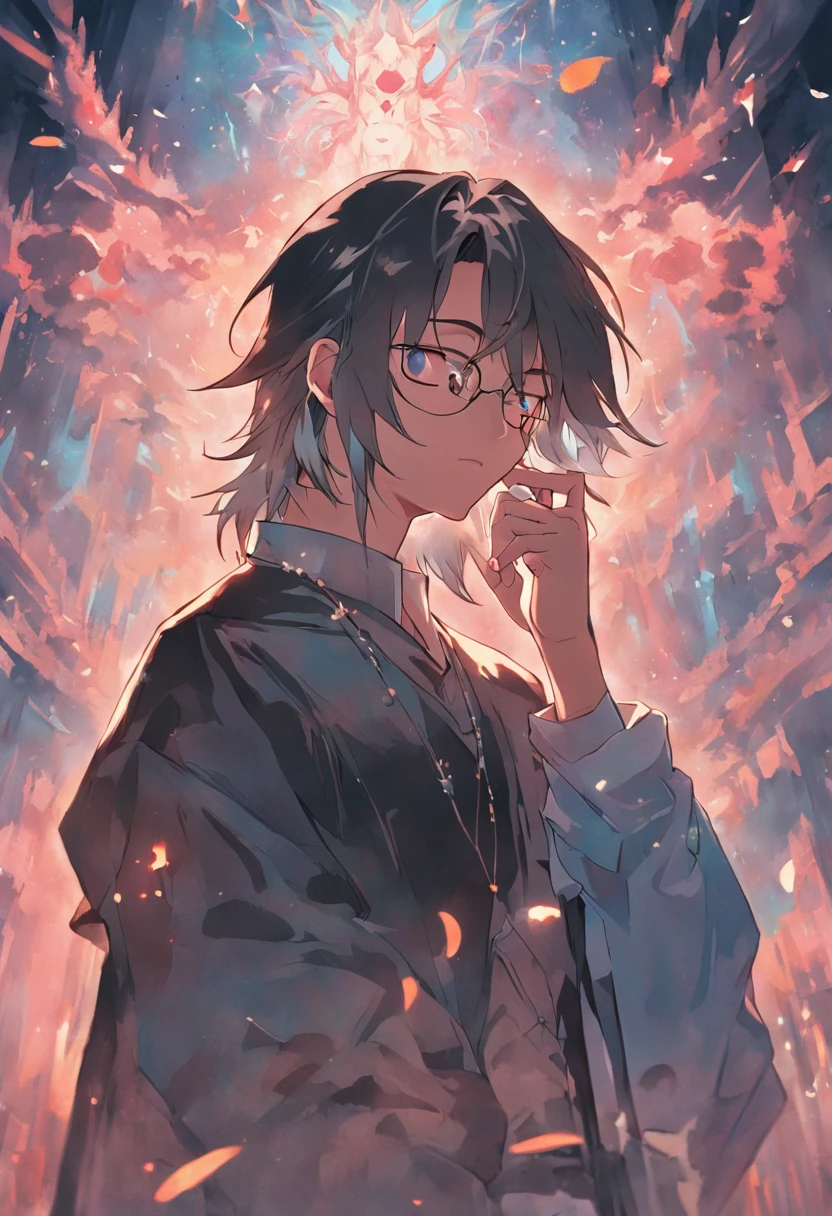 Need,Libido boy，wears glasses， Long hair, Plain and black, eye disease, Wearing peasant clothes, Play with your phone in the office, Simple posture and axis, Joy squeezes, SNES painting