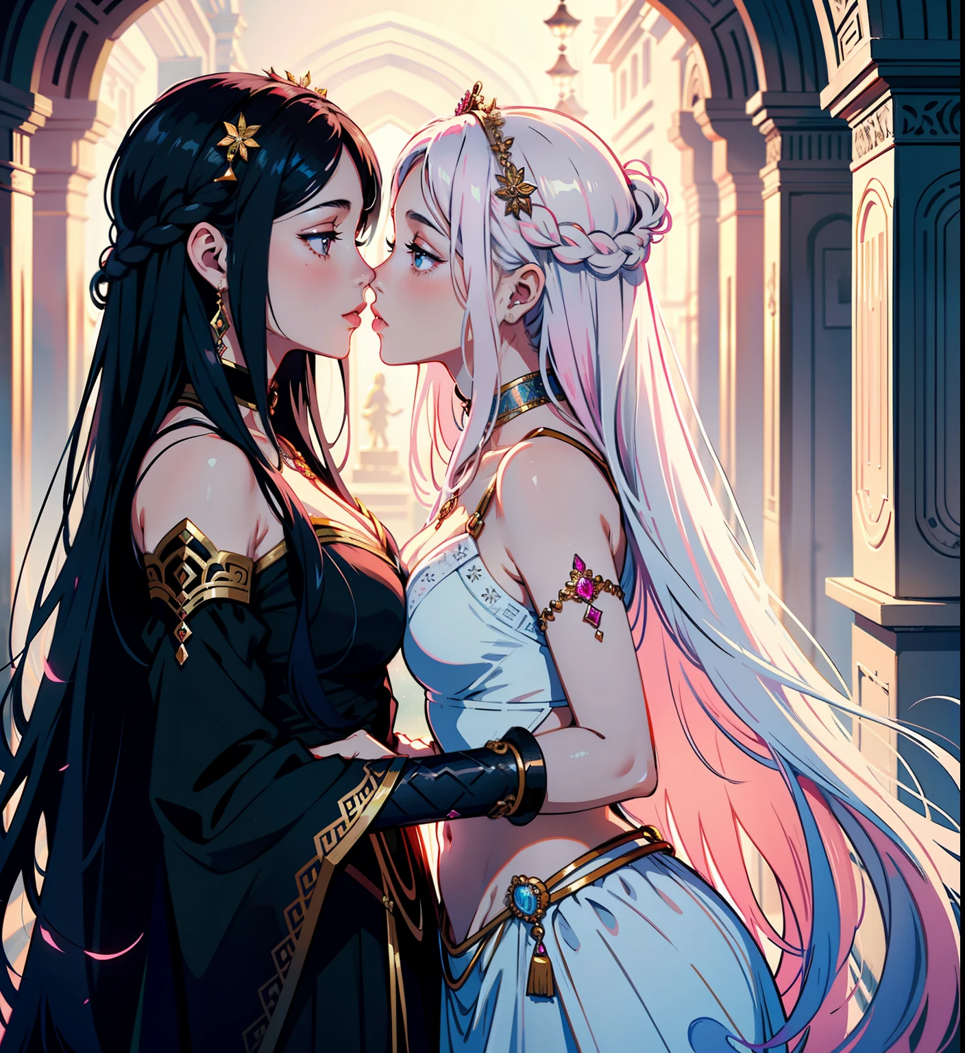 adesivo, fundo simples, portrait, 2 girls, couple, kissing, girl with long hair, beautiful goddess girl, goddess aesthetic, beautiful girl, very beautiful fantasy art, beautiful and elegant female goddess, beautiful detailed fantasy, white and pink color palate, black color-theme