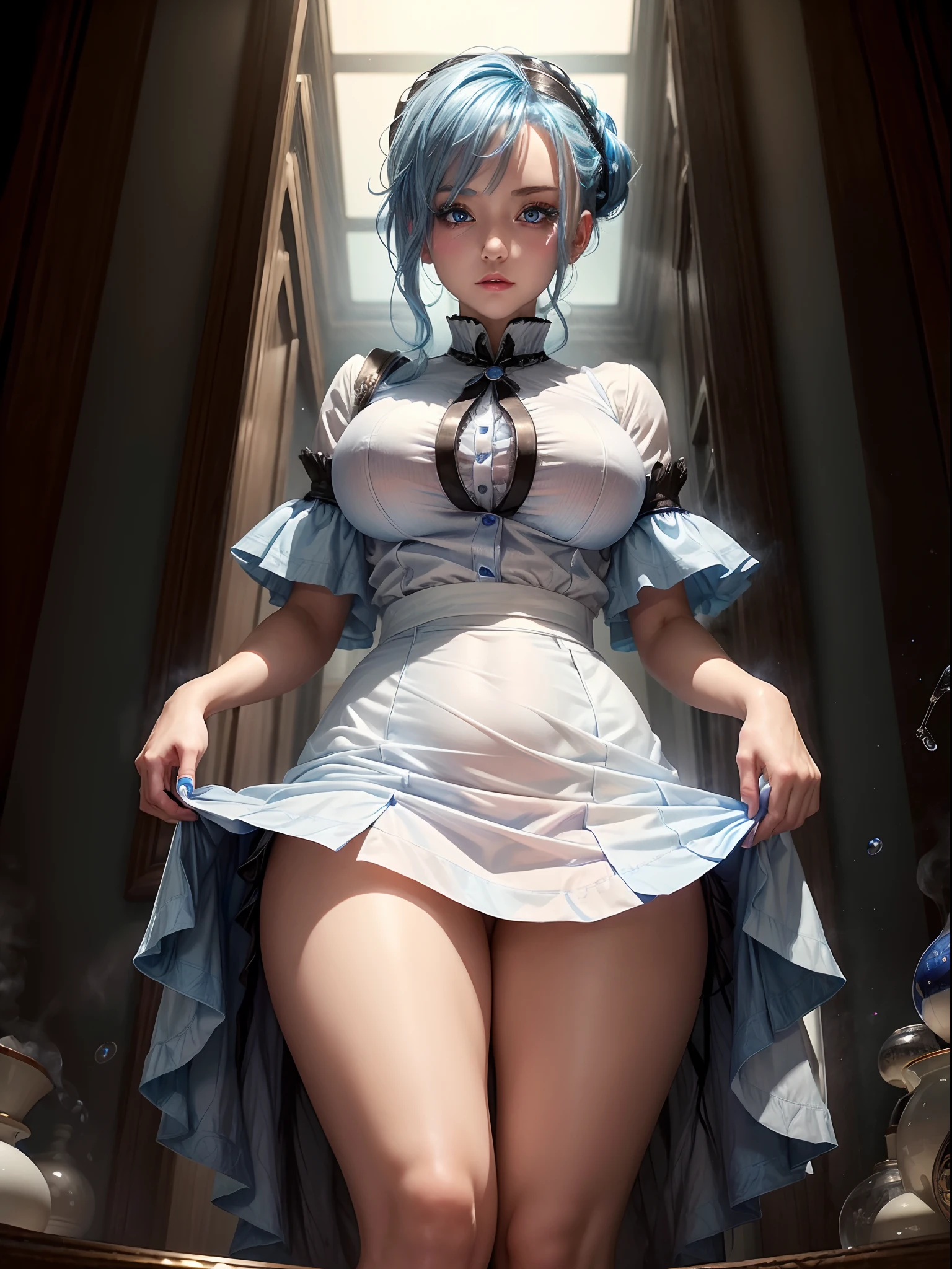 ((masterpiece)),(best quality),(detailed),(1girl), blue hair, blue glowing eyes, Updo, white shirt, black skirt, looking down on the viewer