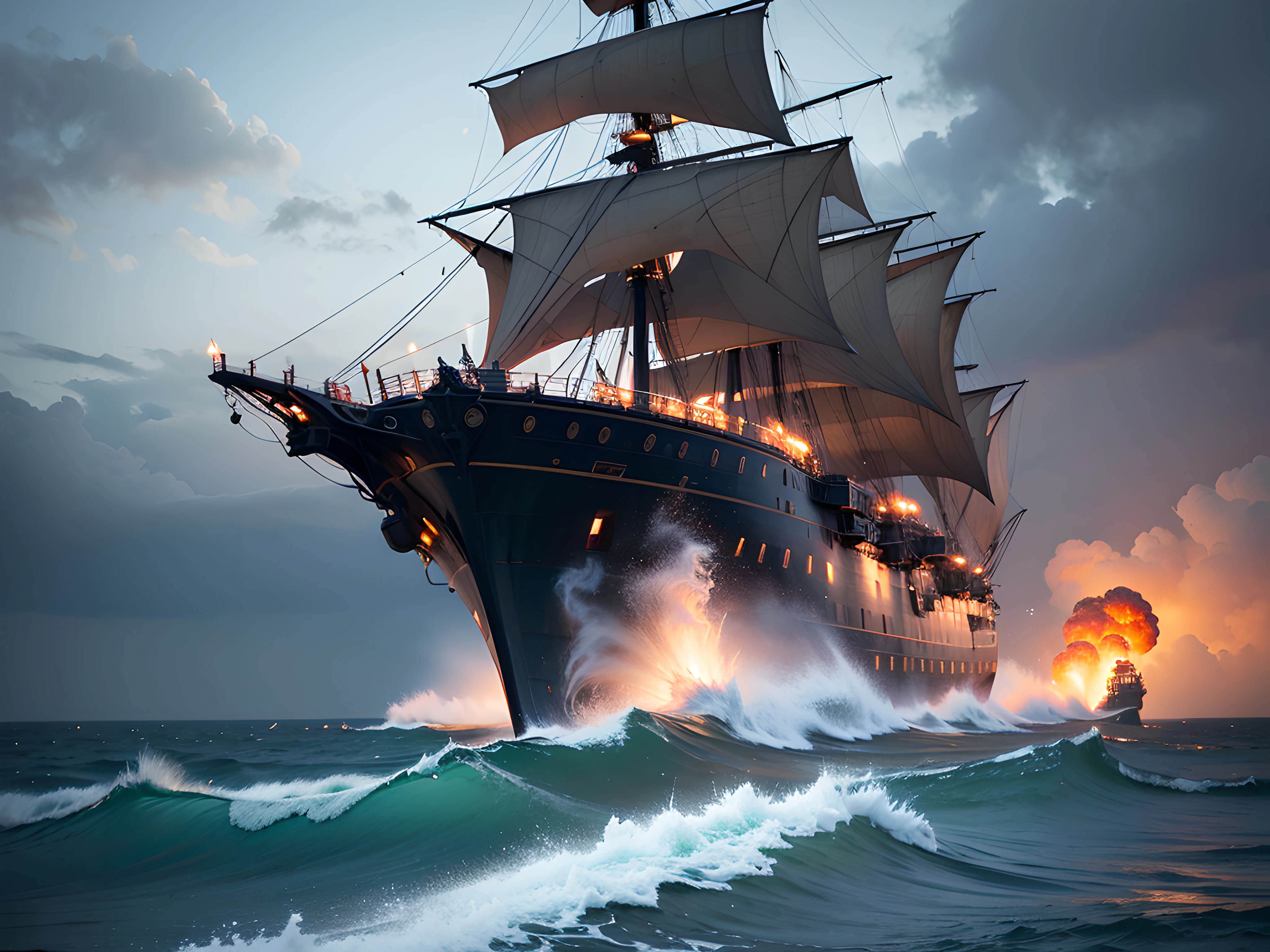"Generate an ultra-high definition image capturing a breathtaking clash between two epic, aged wooden pirate ships engaged in cannon fire, amidst a tumultuous storm. Utilize advanced composition techniques to convey the intensity of the battle and the grandeur of the oceanic backdrop.

Position the camera to showcase both ships in the heat of battle, employing a dynamic angle that captures the height of the waves and the dramatic curvature of the ship's hulls. Implement diffused lighting to highlight the ships' textures and the churning waters.

Utilize a fast shutter speed to freeze the cannon fire mid-blast, capturing the explosive moment with crisp detail. Experiment with exposure settings to capture the stark contrast between the darkened sky and the brilliant flashes of cannon fire.

Frame the ships within the composition using the rule of thirds, allowing the viewer's gaze to appreciate the ferocity of the battle and the power of the ocean. Enhance the image's color palette to evoke the mood of the scene, with deep blues and grays contrasting against the fiery explosions.

Implement post-processing techniques to refine the image's contrast, sharpness, and color balance, ensuring that every aspect, from the billowing sails to the spray of the waves, is rendered with breathtaking realism.

Ultimately, capture a cinematic moment that immerses viewers in the heart of a pirate ship battle during a storm, inviting them to witness the clash of steel, wood, and sea in an image that brims with action, drama, and adventure."