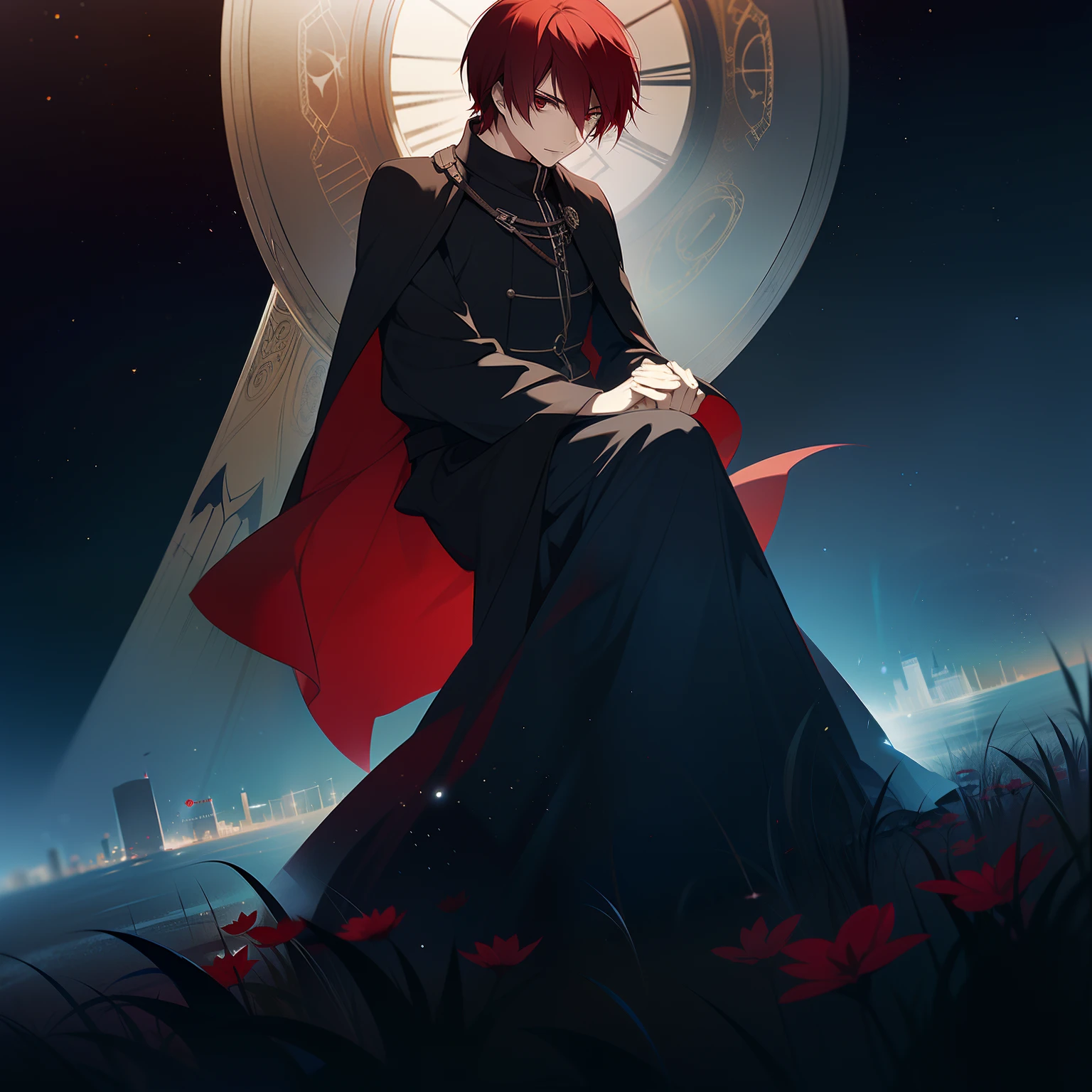 A young man with short red hair emo style he is mysterious with red and black robes he is in a dark and dimly lit city a dirty medieval city and darkness he is a medieval rpg character an art for rpg a medieval art for rpg art in the background of the image a large hourglass on the horizon of a starry sky representing the magic of time