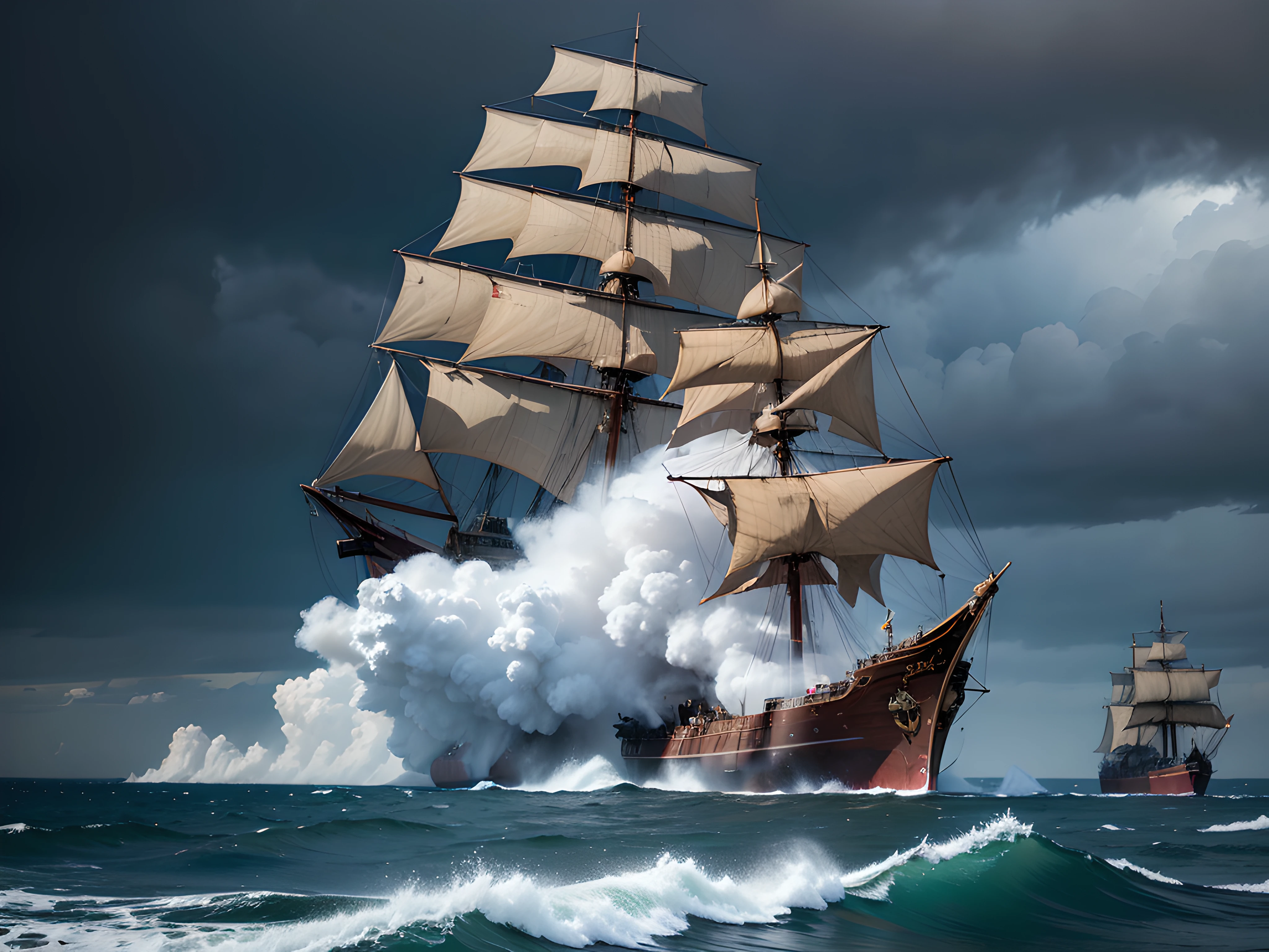 "Generate an ultra-high definition image depicting two majestic old wooden pirate ships engaged in a fierce battle, cannons roaring, amidst a tumultuous storm. Utilize advanced composition techniques to capture the grandeur of the scene and the dynamic interaction between the ships and the elements.
Position the camera to frame both ships within the composition, using a wide-angle lens to convey the vastness of the open sea. Implement diffused and dynamic lighting to enhance the texture of the ships' weathered wood and the dramatic interplay of light and shadow on the ocean waves.
Utilize a medium shutter speed to capture the explosive moments when cannons fire and waves crash against the ships' hulls, freezing the action in breathtaking detail. Experiment with exposure settings to capture the contrast between the dark, brooding sky and the brilliant flashes of cannon fire.
Frame the ships within the rule of thirds, allowing the viewer's gaze to traverse the tumultuous waves and absorb the epic clash of the pirate vessels. Enhance the image's color palette to evoke the intensity of the scene, with deep blues and grays contrasting against the fiery bursts of cannon smoke and the ocean spray.
Implement post-processing techniques to refine the image's contrast, sharpness, and color balance, ensuring that every aspect, from the intricate rigging to the towering waves, is rendered with stunning realism.
Ultimately, capture the thrilling spectacle of pirate ships locked in combat amid the fury of a storm, inviting viewers to witness a moment of high-stakes action and raw power in an image that resonates with excitement and drama."