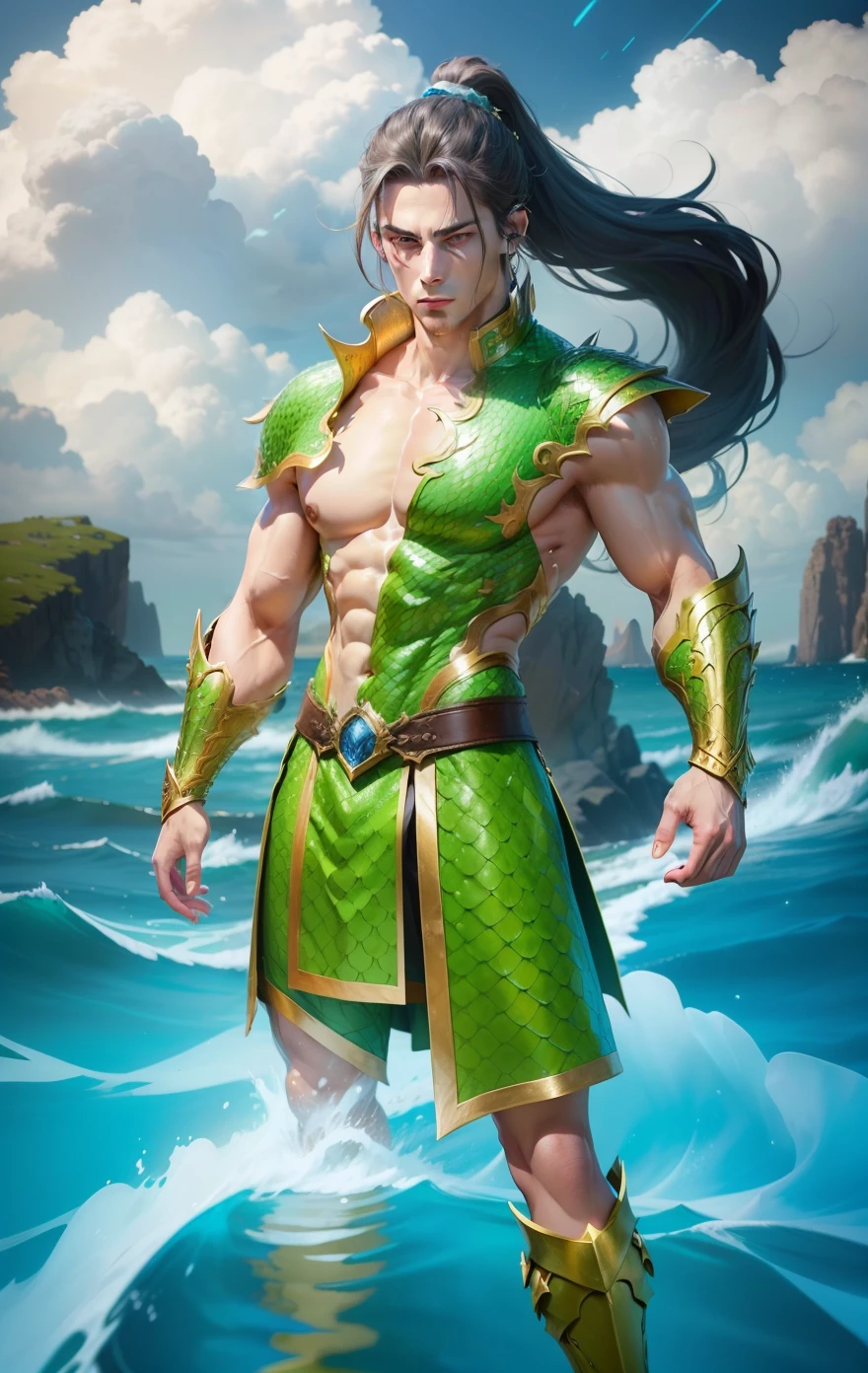 Boy, handsome, sixpack, charming, dragon, golden armor, ocean, Storm, magic Green dragon scales, blue eyes, white skin, ponytail hair, realistic, ultra detail, perfect face, perfect eyes, pretty face, expressive eye,best quality, beautiful eyes.