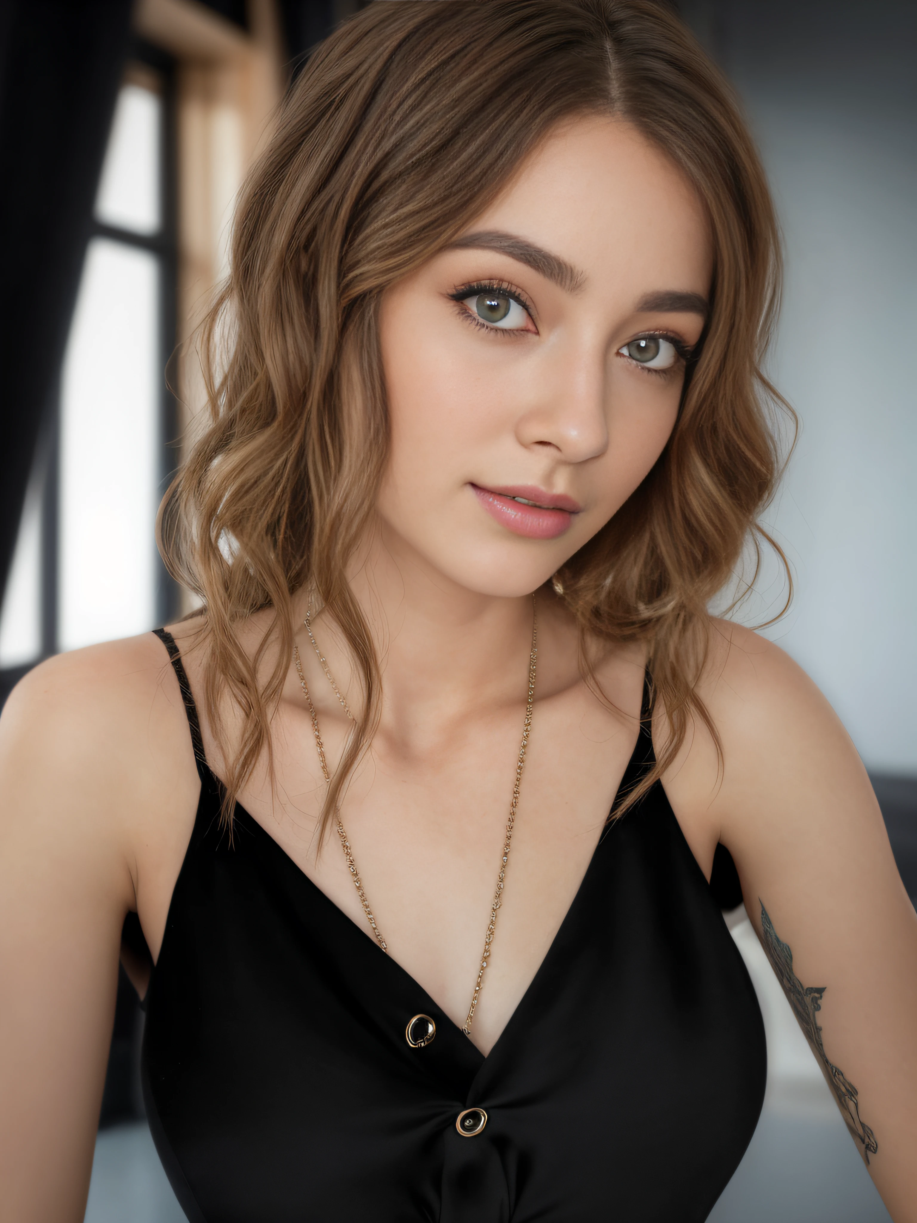 Woman with necklace and black dress posing for photo, soft portrait shot 8 k, stunning closeupheadshot, sexy look at the camera, 🤤 Portrait Of Girl, headshot portrait, anna nikonova aka newmilky, High Quality Portrait, halfbody headshot, 2 4 year old female model, High-quality portrait photo shoot, extreme close up portrait, 真实感, foto realista, hyper realisitc