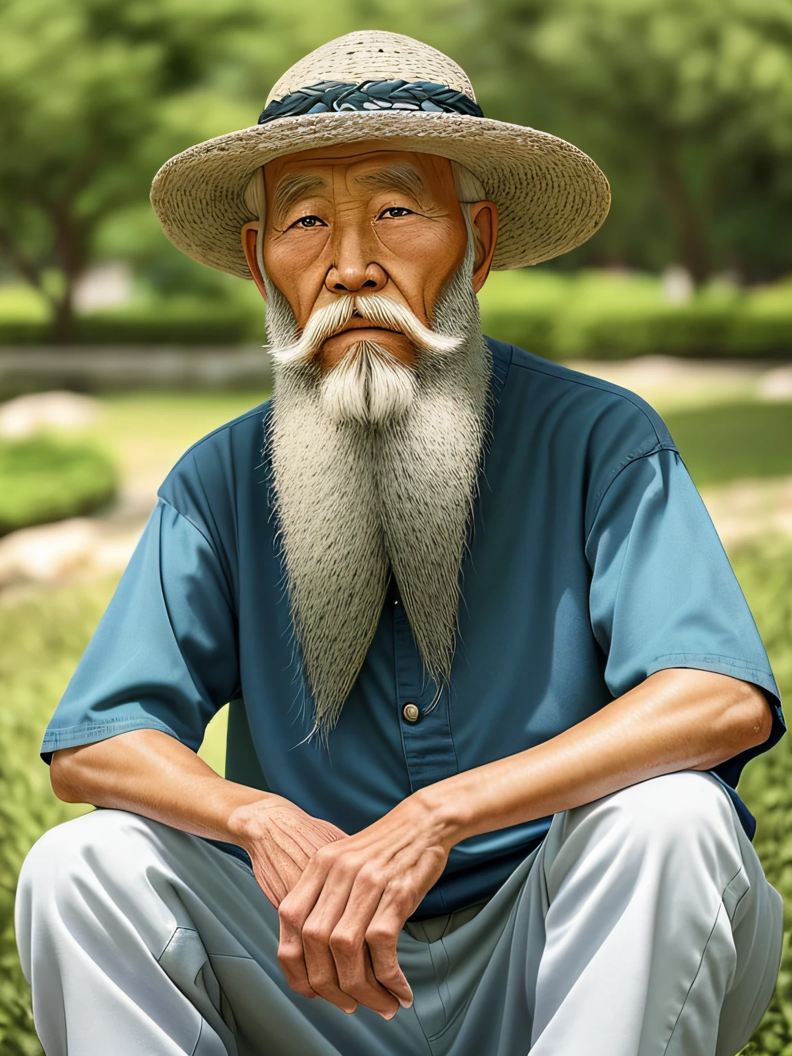 80-year-old man,Long beard,Asian image,Wrinkles all over the face,Thin,Summer exterior,Look at the viewer,Full body photo,Faraway view,natural soft light,真实感,3D,high-definition photography