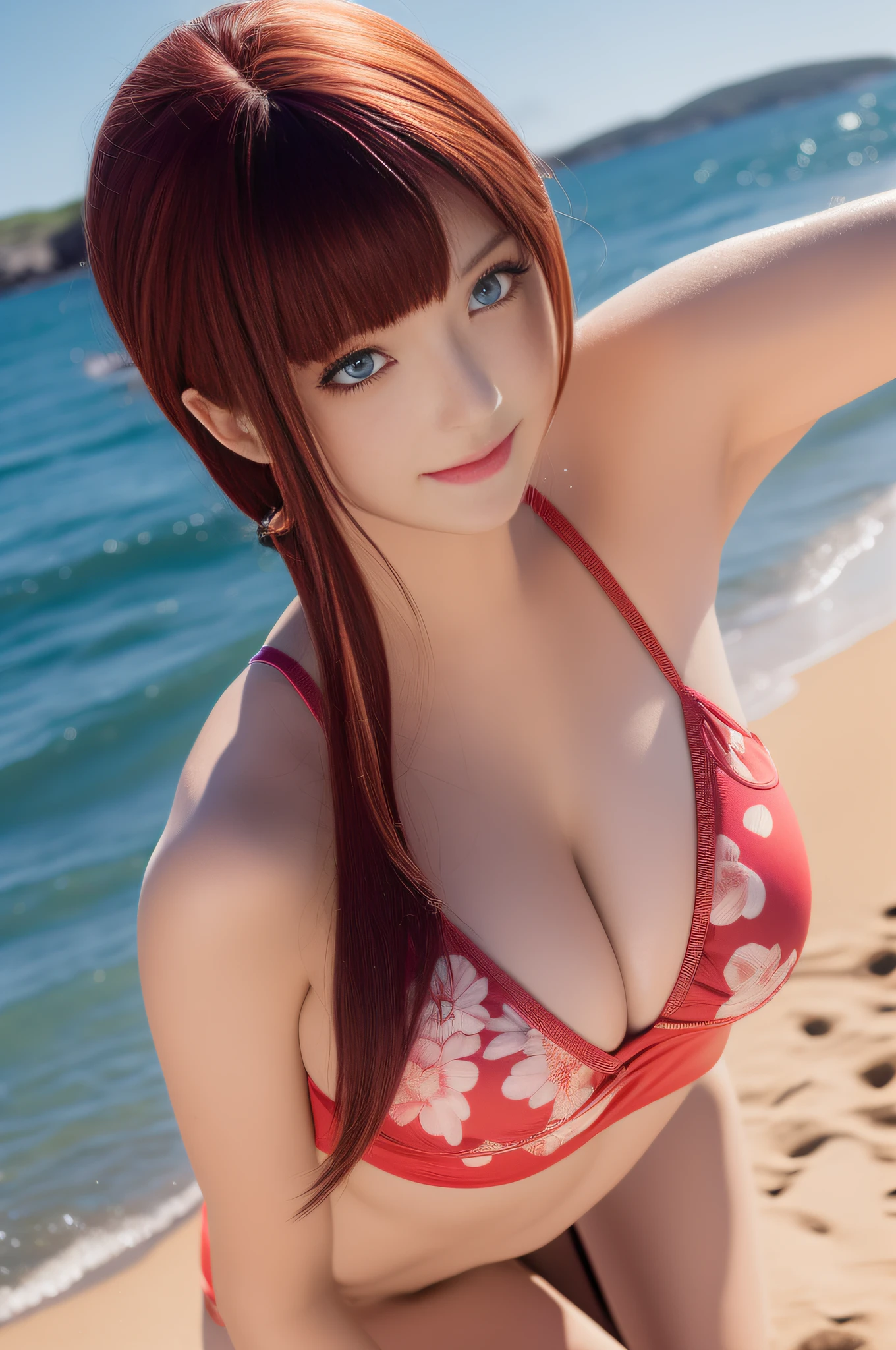 Best quality,tmasterpiece,1girll,red tinted hair,short detailed hair,eBlue eyes,shiny skins,sunflare,an award winning photograph, Wide angle photo of the beach, morningglow,Healthy body, closeup cleavage, with dynamism, Photorealistic, Realistic, Dramatic, Dark, Sharp focus, 8K,20yr old,fully body photo(top-quality,8K,tmasterpiece:1.3),Sharp focus:1.2,Beautiful Women in Perfect Figure:1.4,The abdomen is slender:1.2,(Layered Hair Style,:1.2),Large breasts 1.3,Light red floral one-piece swimsuit,(distance:1.2),Moist body:1.1,Get out of the water,Very delicate face and skin texture,Detailed eyes,二重まぶた,Raised sexy,marron marron,Real skin,Real eyebrows,Blue eyeballs,perfect proportion of body,knelt on the beach,Open your legs,Exercise posture,looking at viewert,Gaze towards the viewer