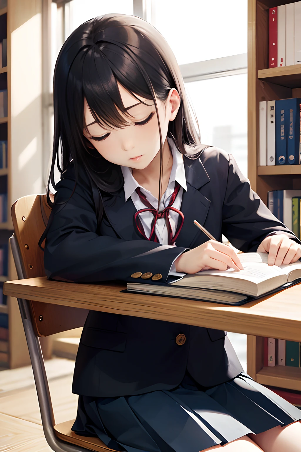Japan girl sitting on a chair, Cute Schoolgirl, wearing japanese school uniform, atlibrary、Books scattered on the desk、dozing