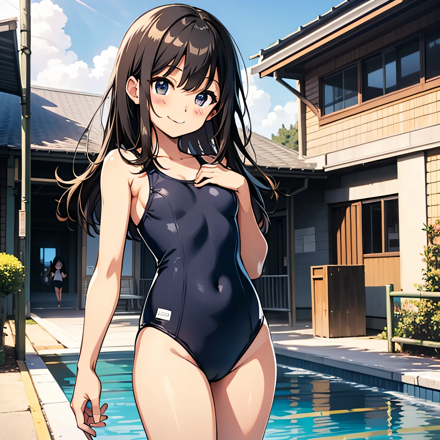 top-quality、extremely delicate and beautiful、Elementary school girls、5th grade elementary school、School swimsuit with thin breasts、Stupid smile、A dark-haired、is standing、Twin-tailed