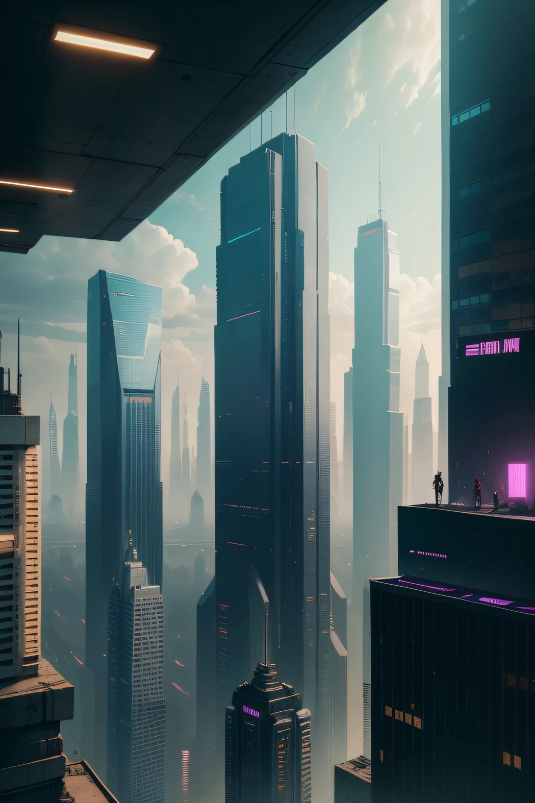 Cyberpunk crowds of tall buildings stand on the rooftops