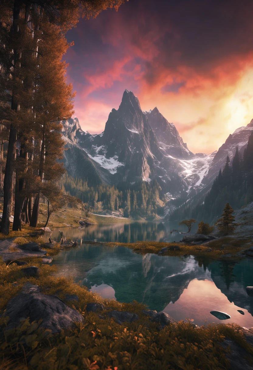 (Dark magic:1.2), (Grim:1.1) forest, springtime,A man stands in the Alps, (Intricate details), A mirror-like lake,(ultra - detailed), 8k hdr, high detal, A lot of detail, High quality,Tyndall effect, (Colored:1.3)