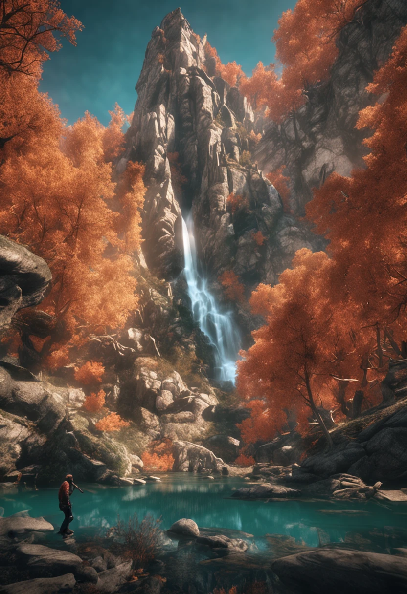 (Dark magic:1.2), (Grim:1.1) forest, springtime，A man stands in the Alps, (Intricate details), A mirror-like lake，(ultra - detailed), 8k hdr, high detal, A lot of detail, High quality,Tyndall effect， (Colored:1.3)