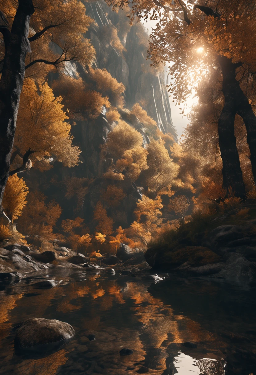 (Dark magic:1.2), (Grim:1.1) forest, springtime,A man stands in the Alps, (Intricate details), A mirror-like lake,(ultra - detailed), 8k hdr, high detal, A lot of detail, High quality,Tyndall effect, (Colored:1.3)